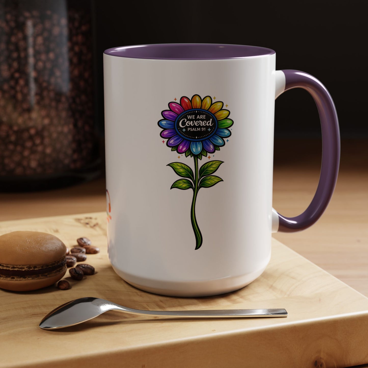 Brooklyn Byte™ "We Are Covered" Rainbow Flower Accent Mug — Psalm 91 Scripture Inspirational CoffeeCup (11/15oz)