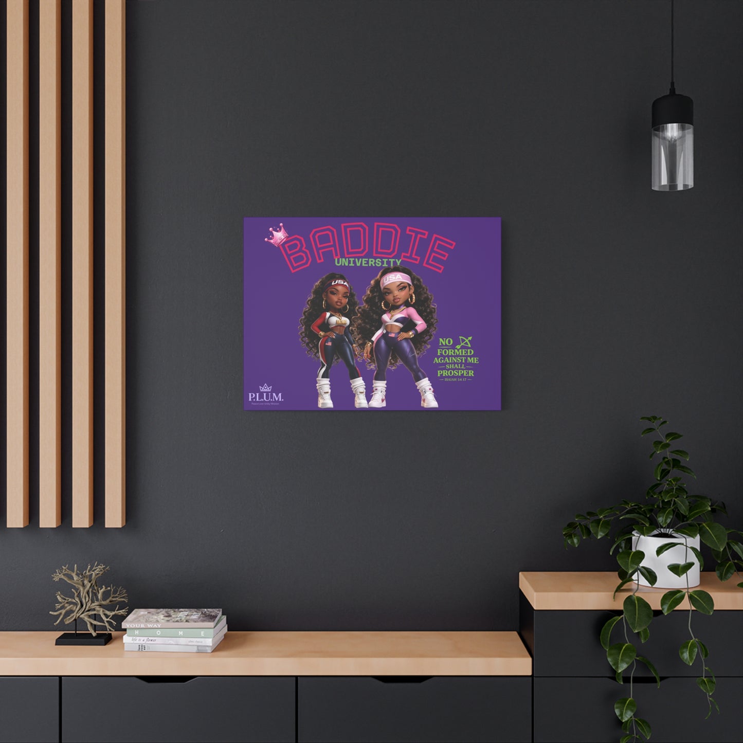 BrooklynByte™ “Baddie University” Purple Scripture Canvas — Isaiah 54:17 Plum Planet Wall Art