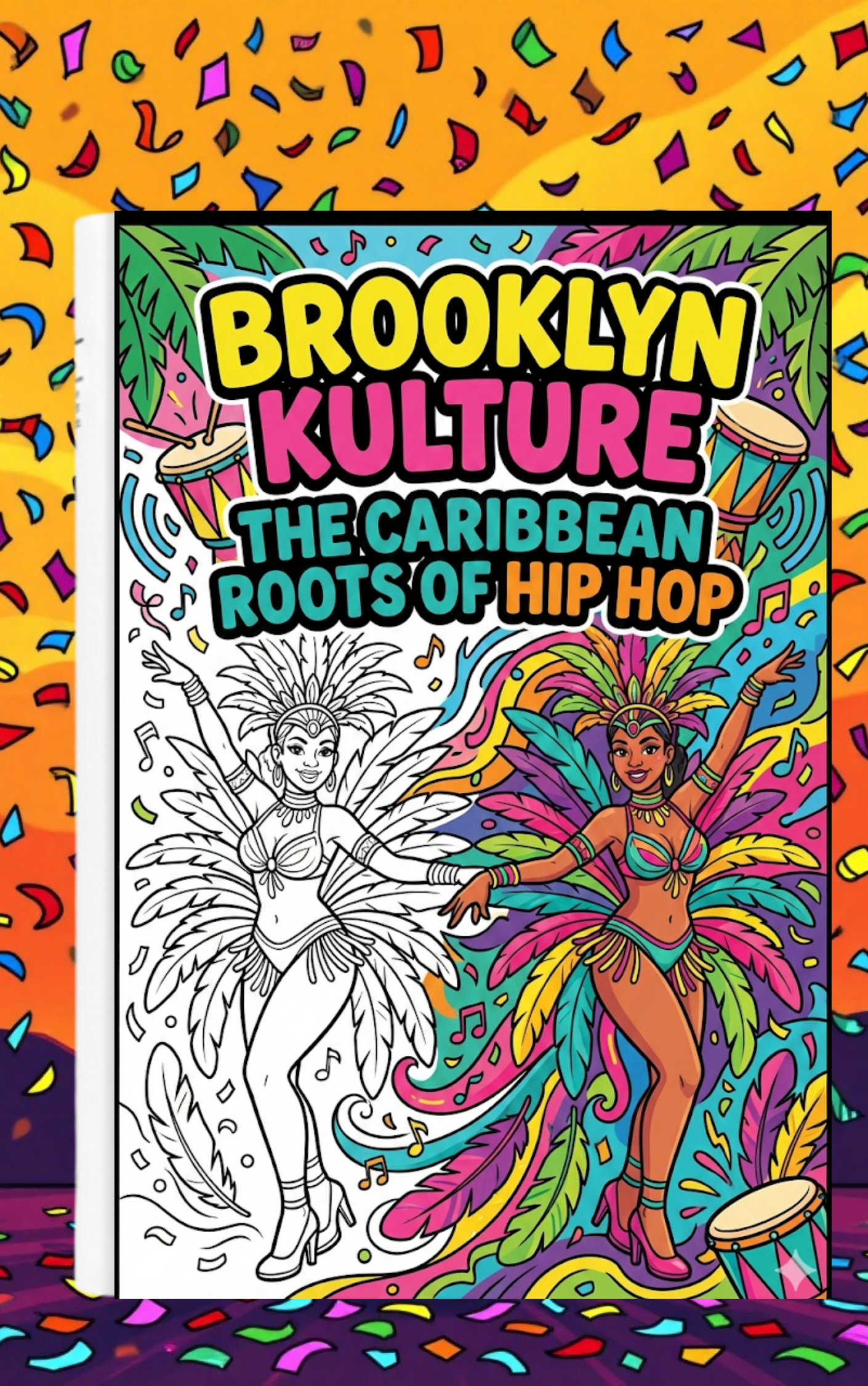 Colorful book cover with 'Brooklyn Kulture: The Caribbean Roots of Hip Hop' text and two dancers, one black and white, on a multicolored background.