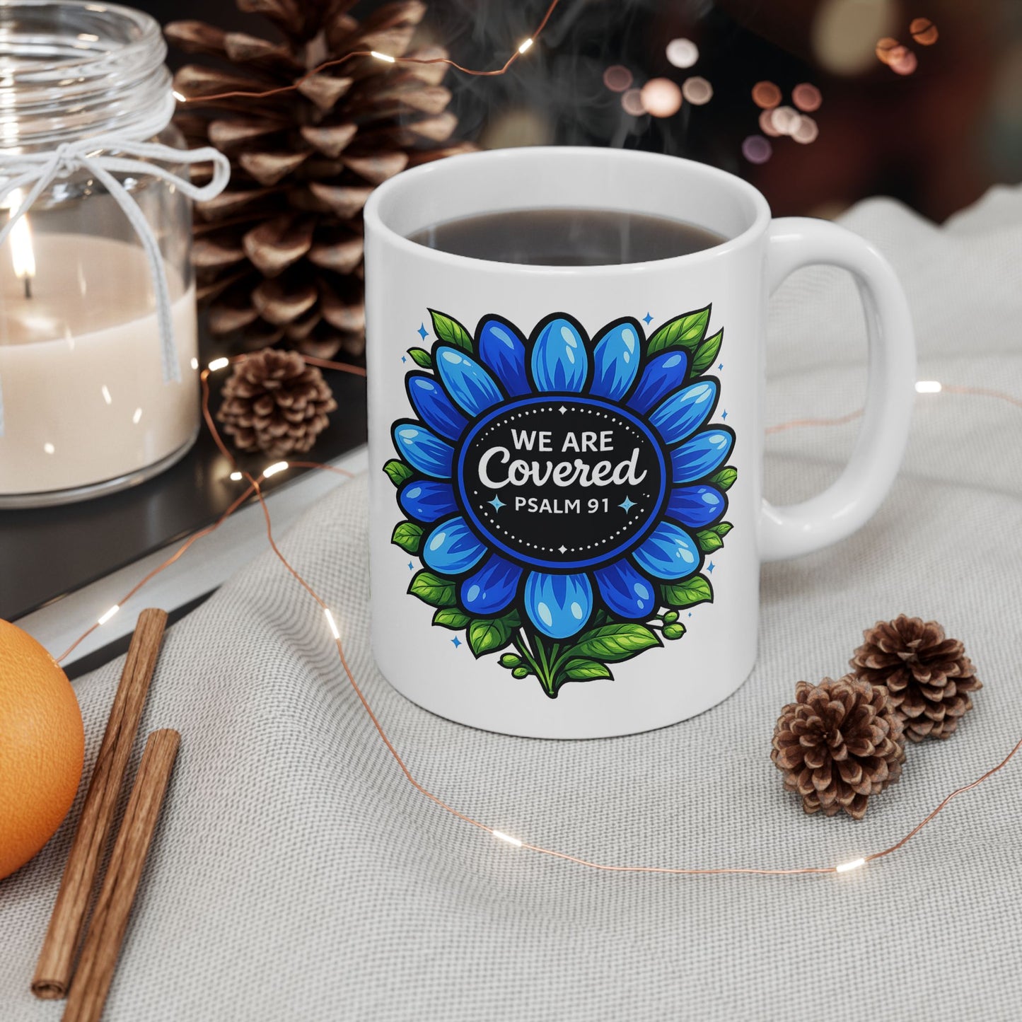 Brooklyn Byte™ "We Are Covered" Blue Flower Coffee Mug — Psalm 91 Scripture Cup