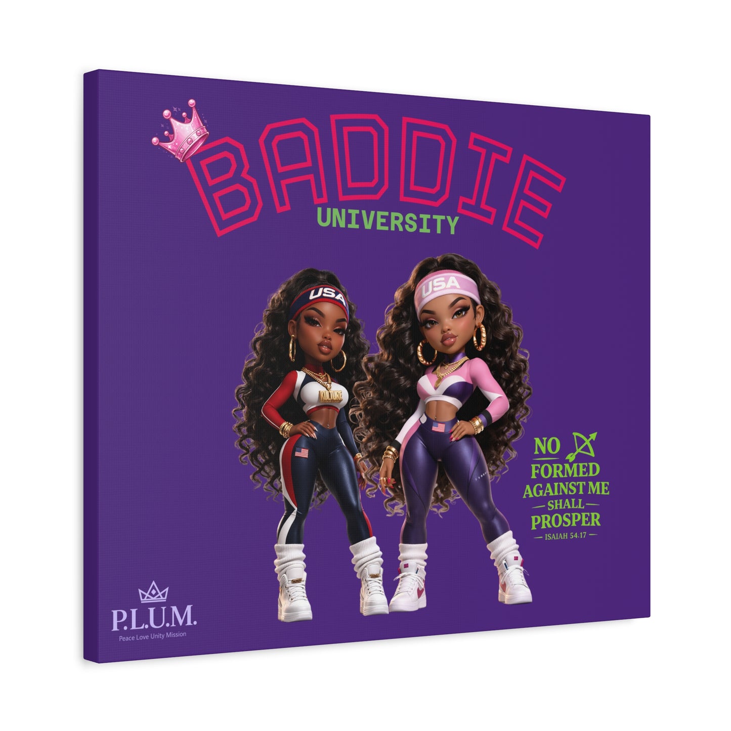 BrooklynByte™ “Baddie University” Purple Scripture Canvas — Isaiah 54:17 Plum Planet Wall Art