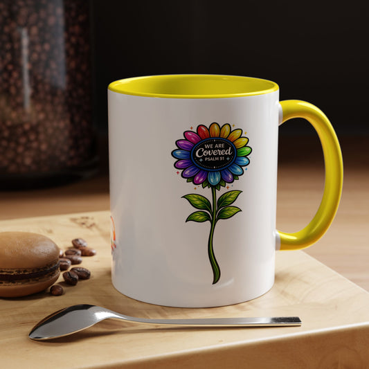 Brooklyn Byte™ "We Are Covered" Rainbow Flower Accent Mug — Psalm 91 Scripture Inspirational CoffeeCup (11/15oz)