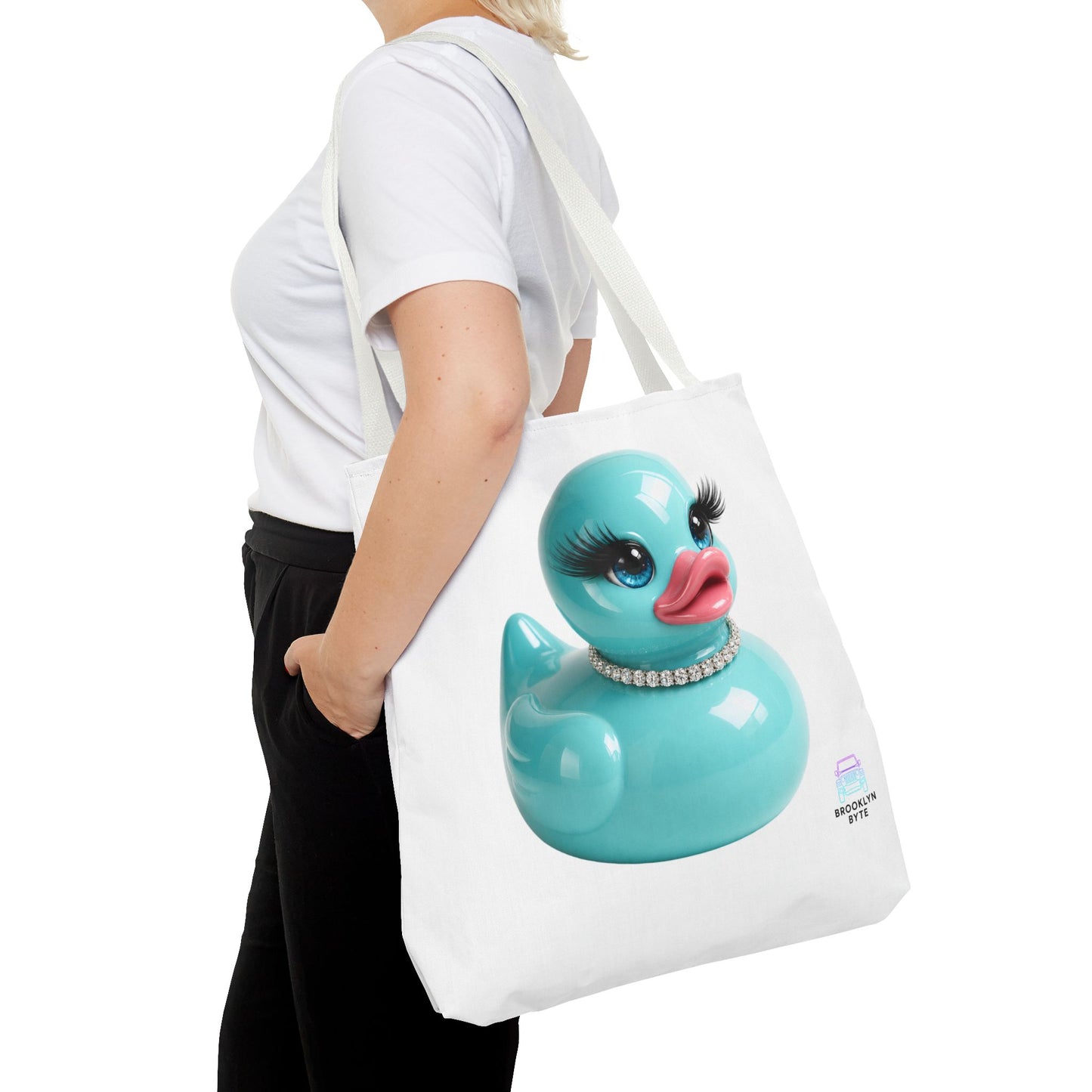 Jeep Life™ Aquamarine Glam Duck Duck Jeep Tote Bag — Cute Rubber Duck with Lashes & Pearl Choker