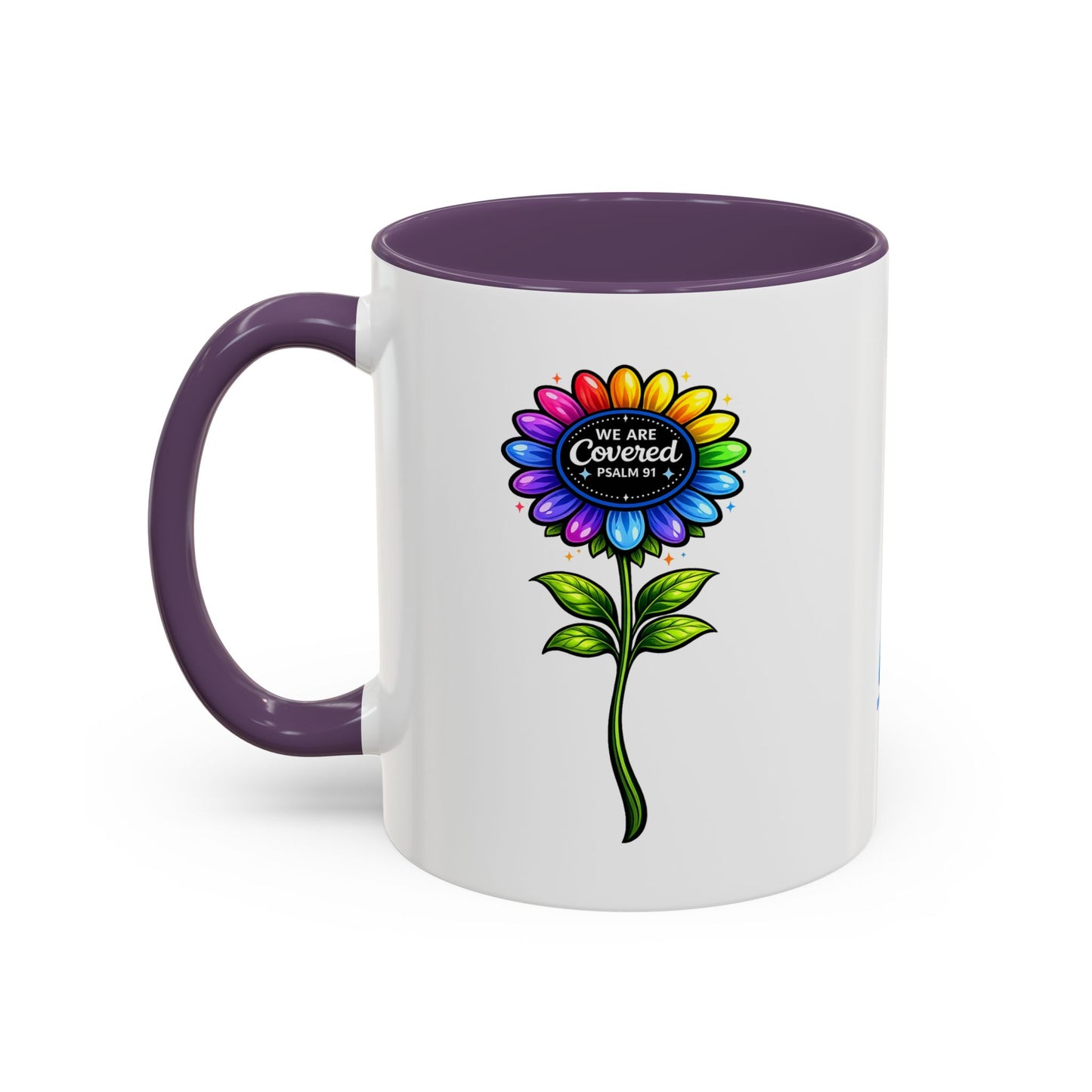 Brooklyn Byte™ "We Are Covered" Rainbow Flower Accent Mug — Psalm 91 Scripture Inspirational CoffeeCup (11/15oz)