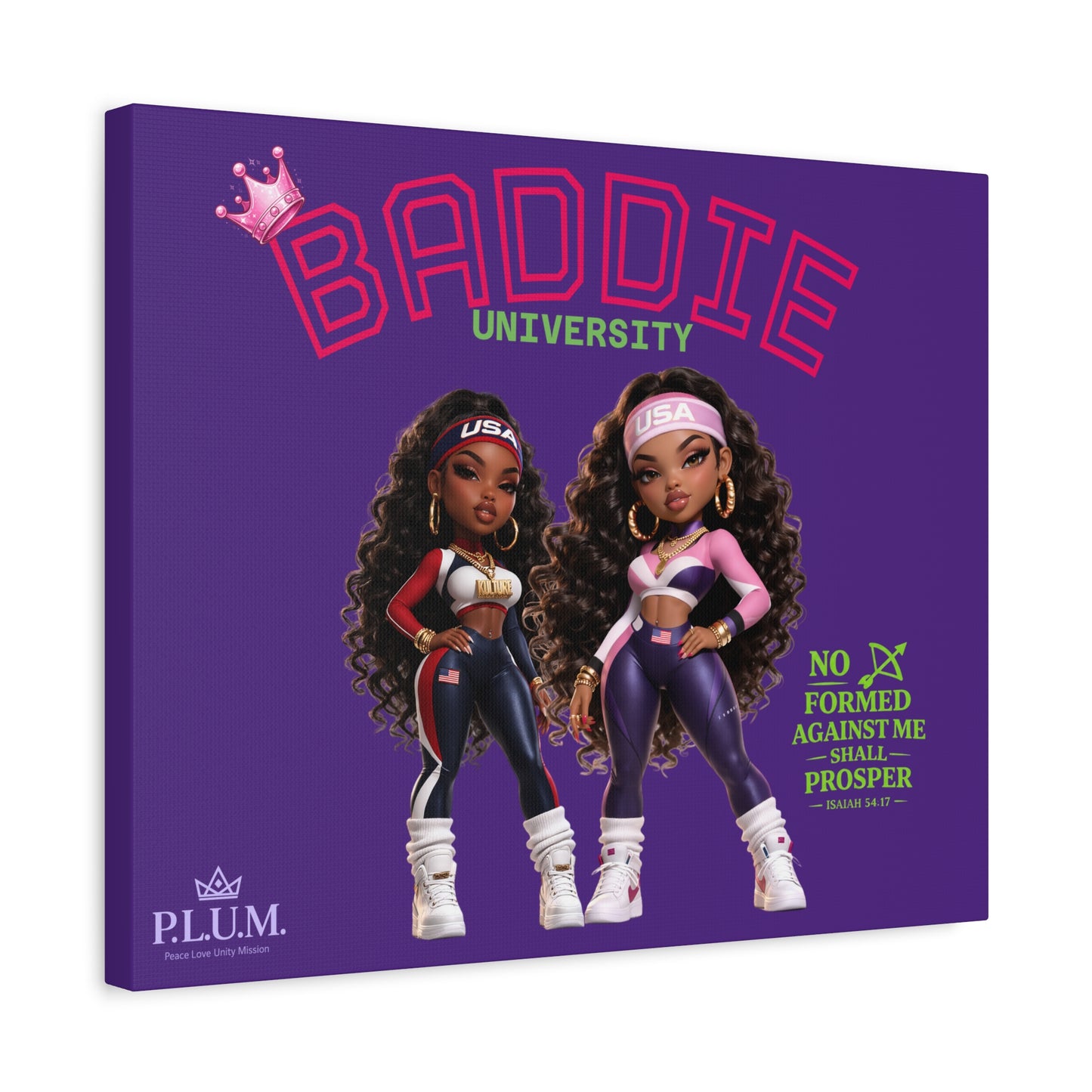 BrooklynByte™ “Baddie University” Purple Scripture Canvas — Isaiah 54:17 Plum Planet Wall Art
