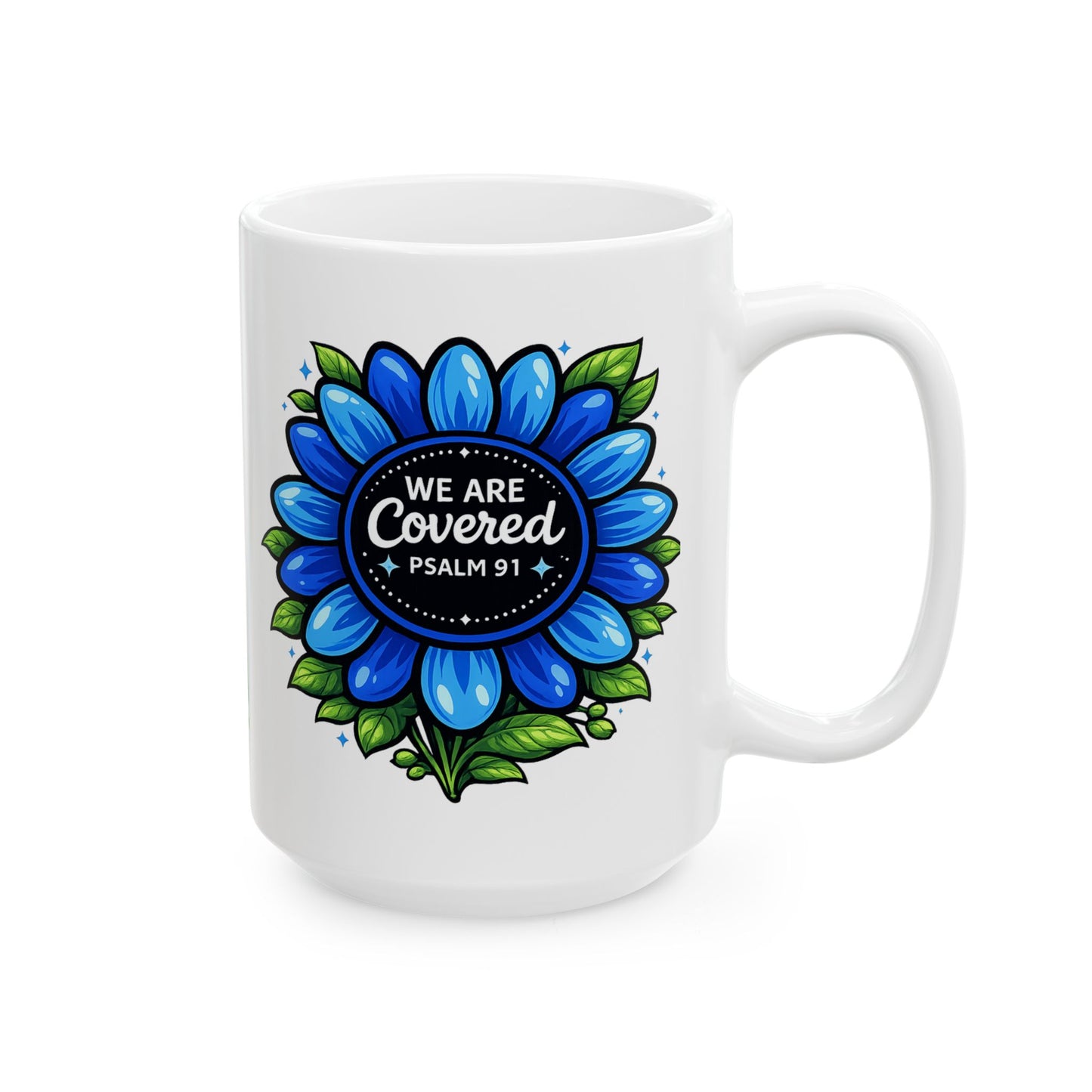 Brooklyn Byte™ "We Are Covered" Blue Flower Coffee Mug — Psalm 91 Scripture Cup