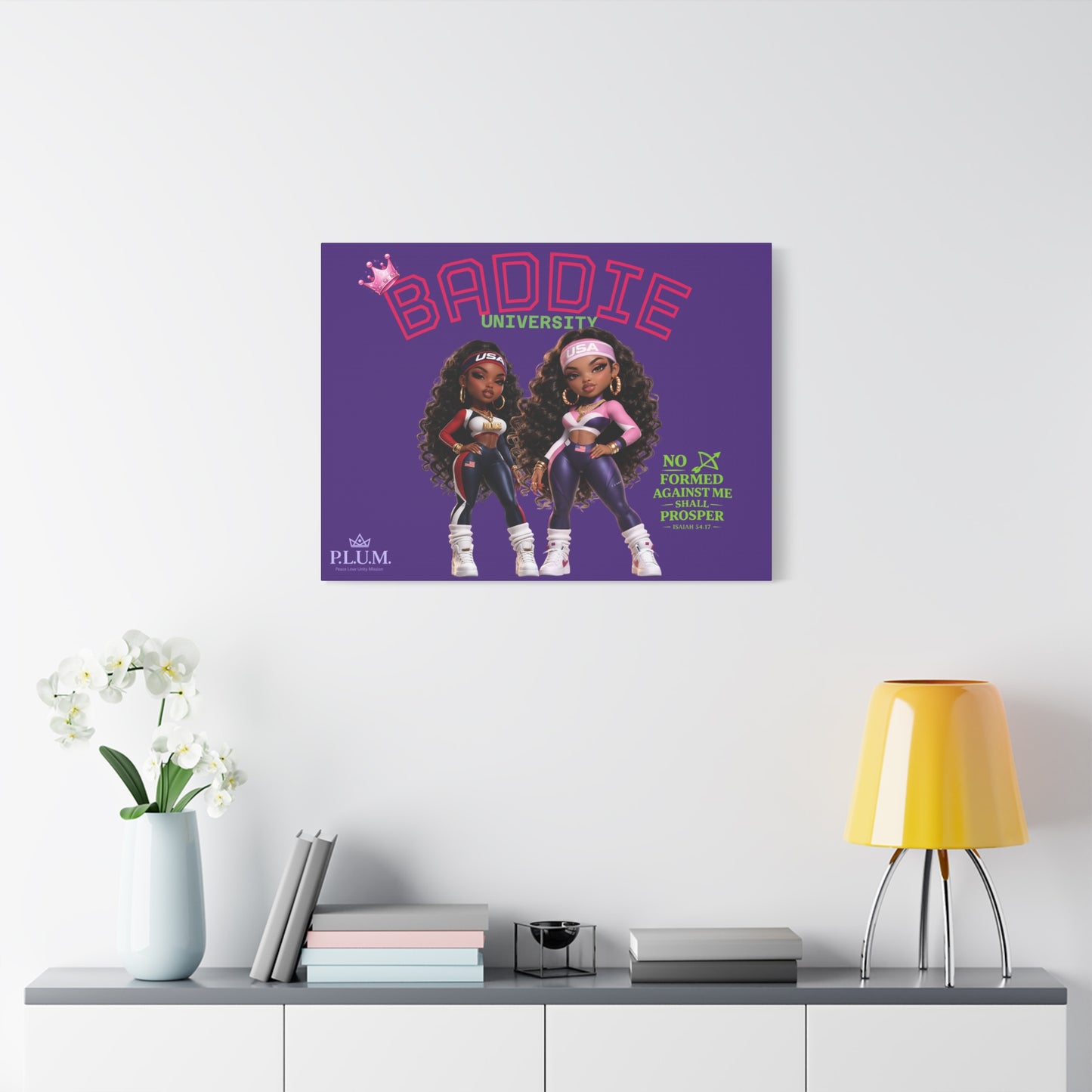 BrooklynByte™ “Baddie University” Purple Scripture Canvas — Isaiah 54:17 Plum Planet Wall Art