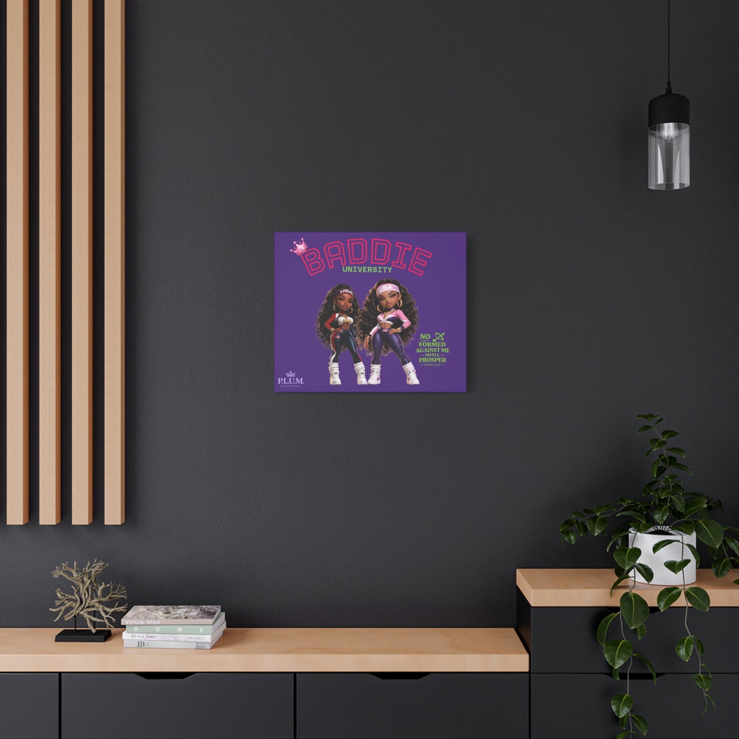 BrooklynByte™ “Baddie University” Purple Scripture Canvas — Isaiah 54:17 Plum Planet Wall Art