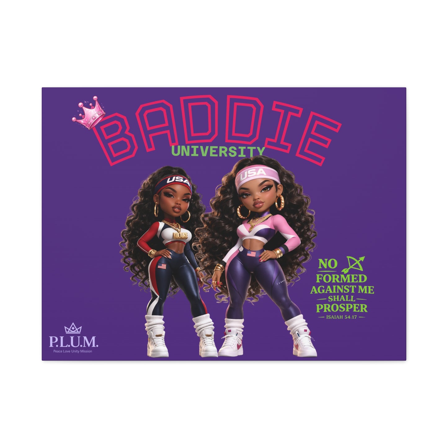 BrooklynByte™ “Baddie University” Purple Scripture Canvas — Isaiah 54:17 Plum Planet Wall Art