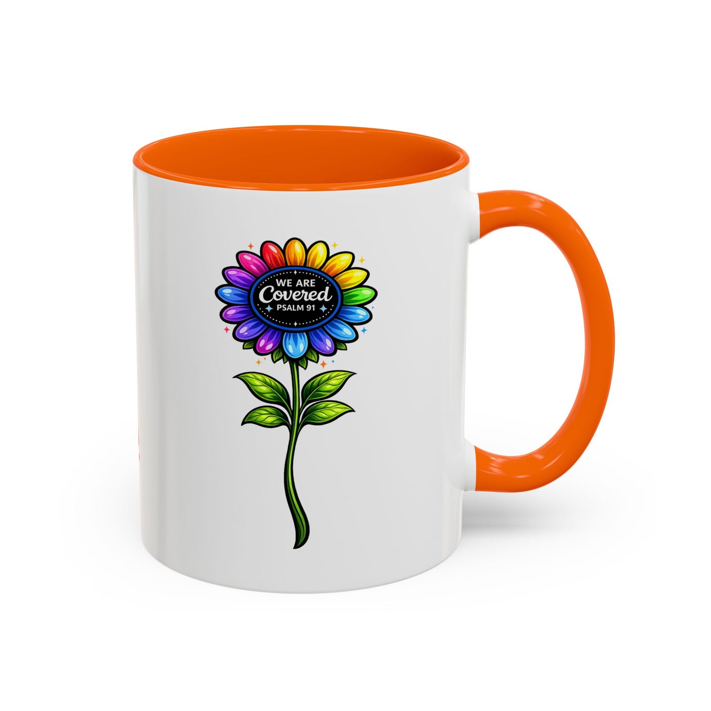Brooklyn Byte™ "We Are Covered" Rainbow Flower Accent Mug — Psalm 91 Scripture Inspirational CoffeeCup (11/15oz)