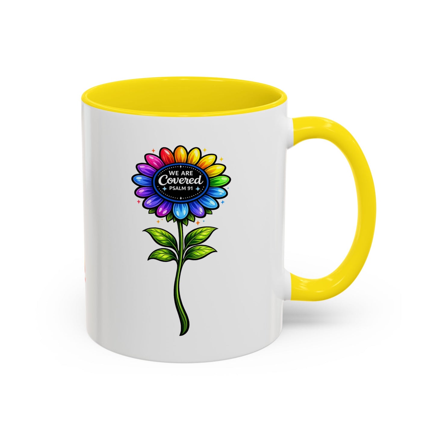 Brooklyn Byte™ "We Are Covered" Rainbow Flower Accent Mug — Psalm 91 Scripture Inspirational CoffeeCup (11/15oz)