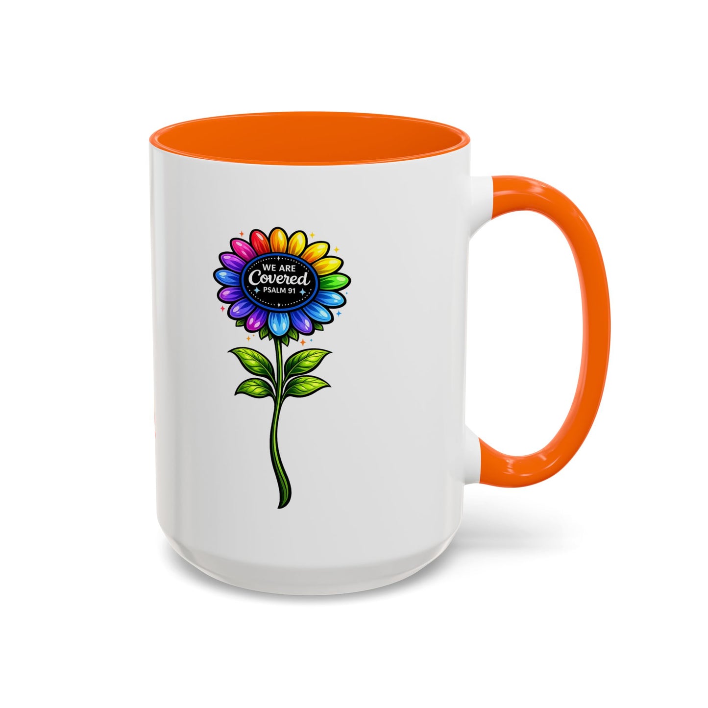 Brooklyn Byte™ "We Are Covered" Rainbow Flower Accent Mug — Psalm 91 Scripture Inspirational CoffeeCup (11/15oz)