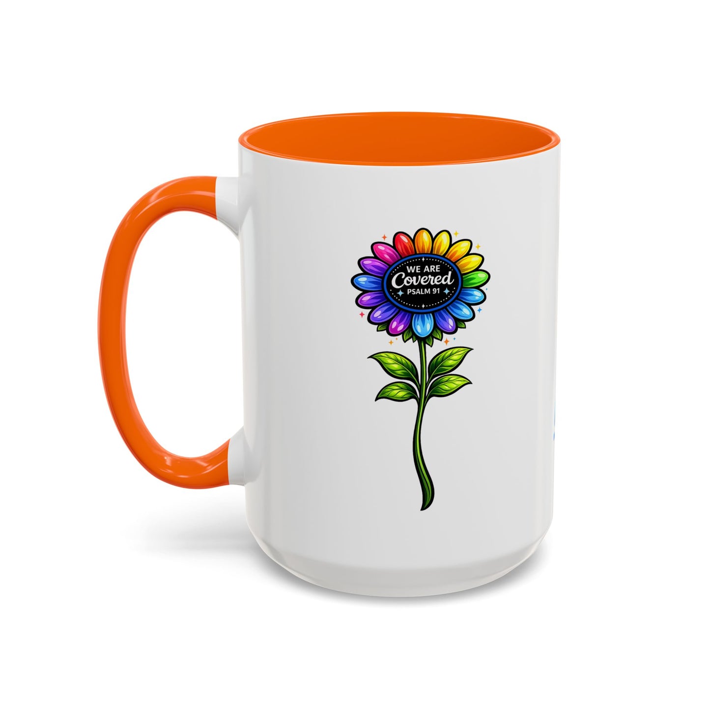 Brooklyn Byte™ "We Are Covered" Rainbow Flower Accent Mug — Psalm 91 Scripture Inspirational CoffeeCup (11/15oz)