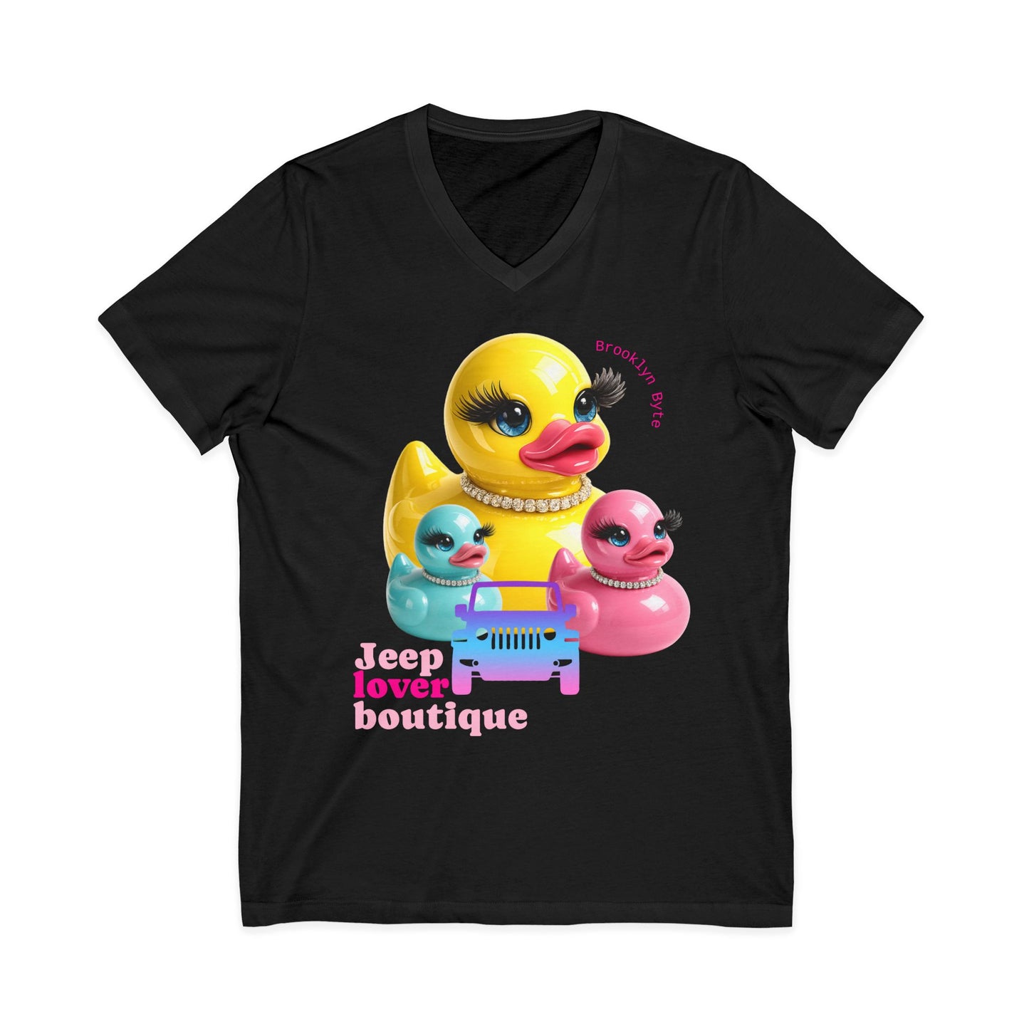 Jeep Life™ Duck Duck Jeep Lover Boutique V‑Neck Tee — Retro Rubber Duck Family Graphic