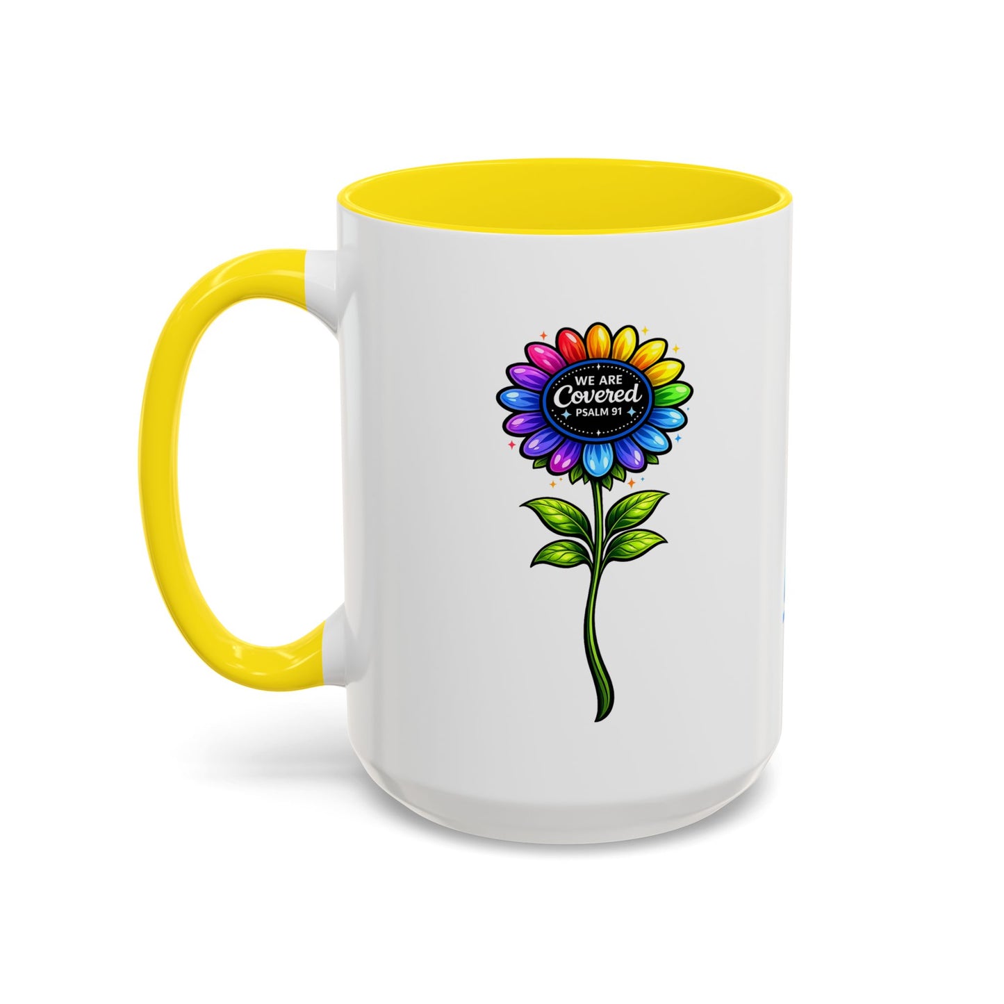 Brooklyn Byte™ "We Are Covered" Rainbow Flower Accent Mug — Psalm 91 Scripture Inspirational CoffeeCup (11/15oz)