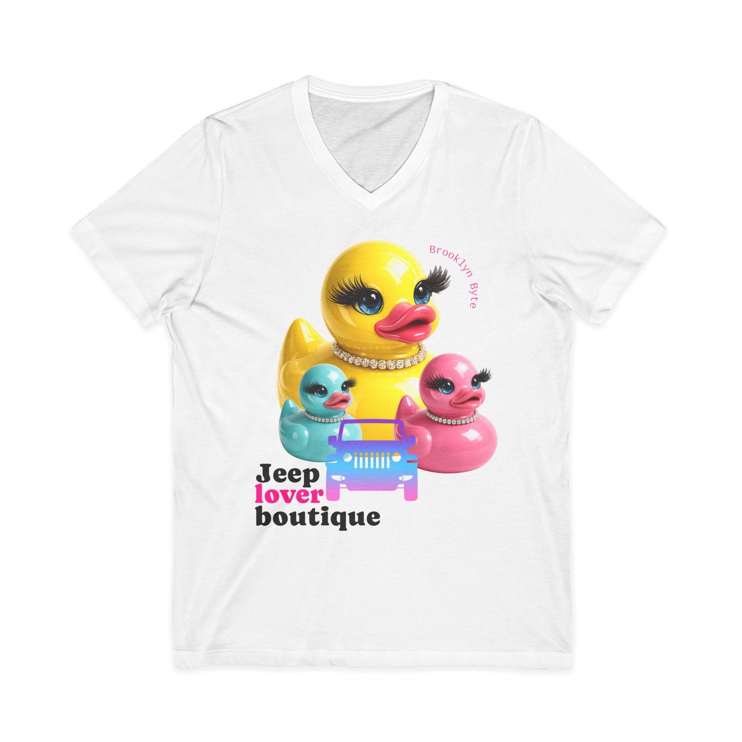 Jeep Life™ Duck Duck Jeep Lover Boutique V‑Neck Tee — Retro Rubber Duck Family Graphic