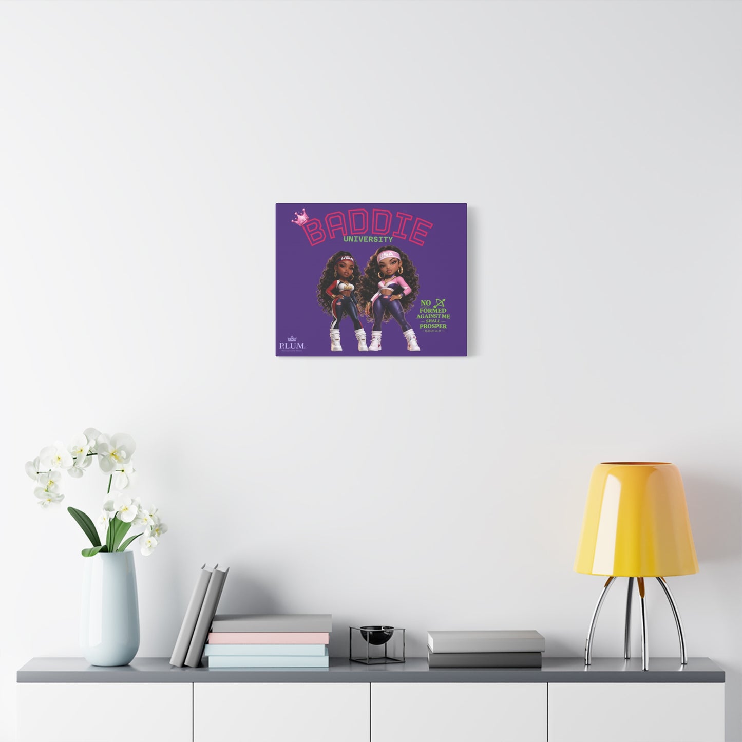 BrooklynByte™ “Baddie University” Purple Scripture Canvas — Isaiah 54:17 Plum Planet Wall Art