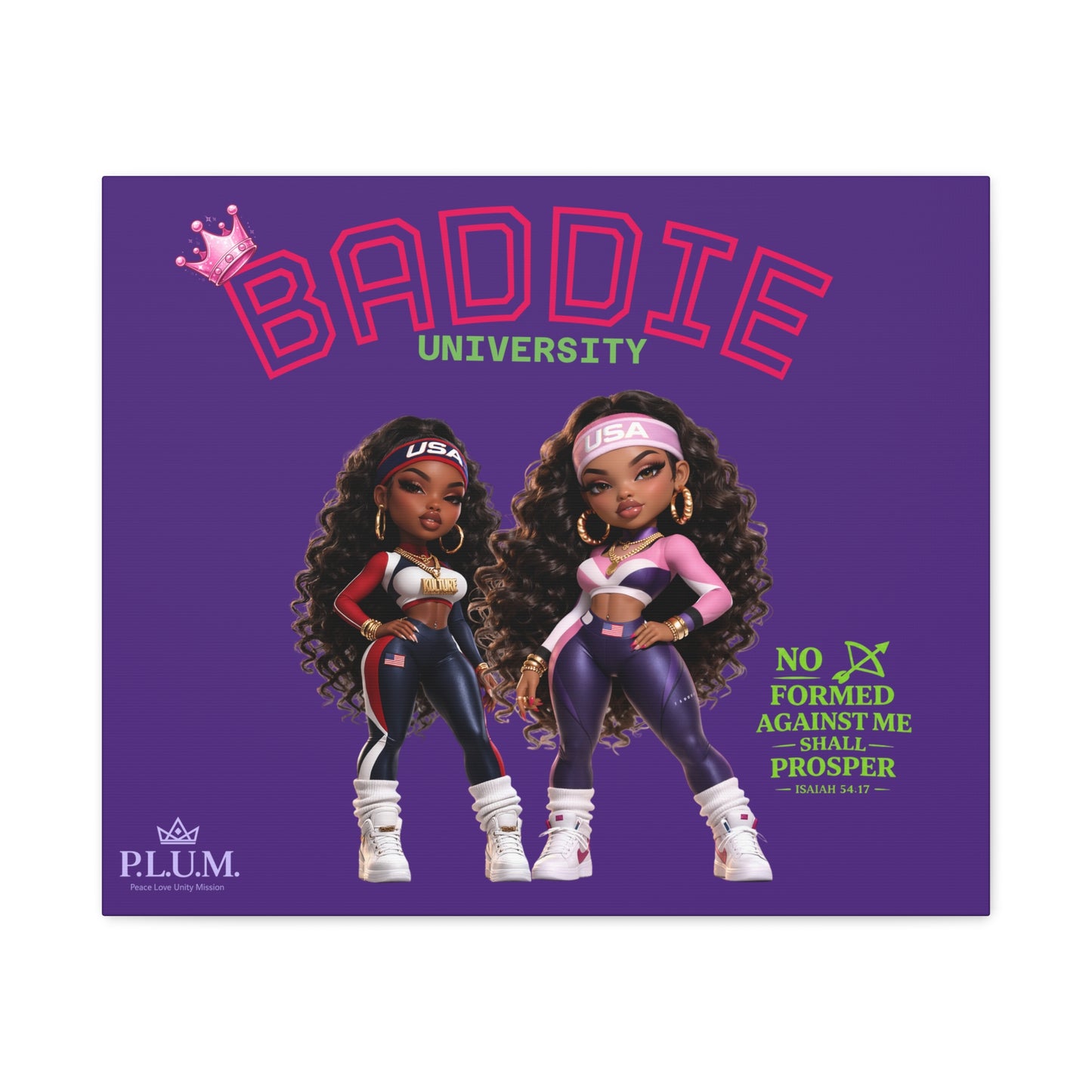 BrooklynByte™ “Baddie University” Purple Scripture Canvas — Isaiah 54:17 Plum Planet Wall Art