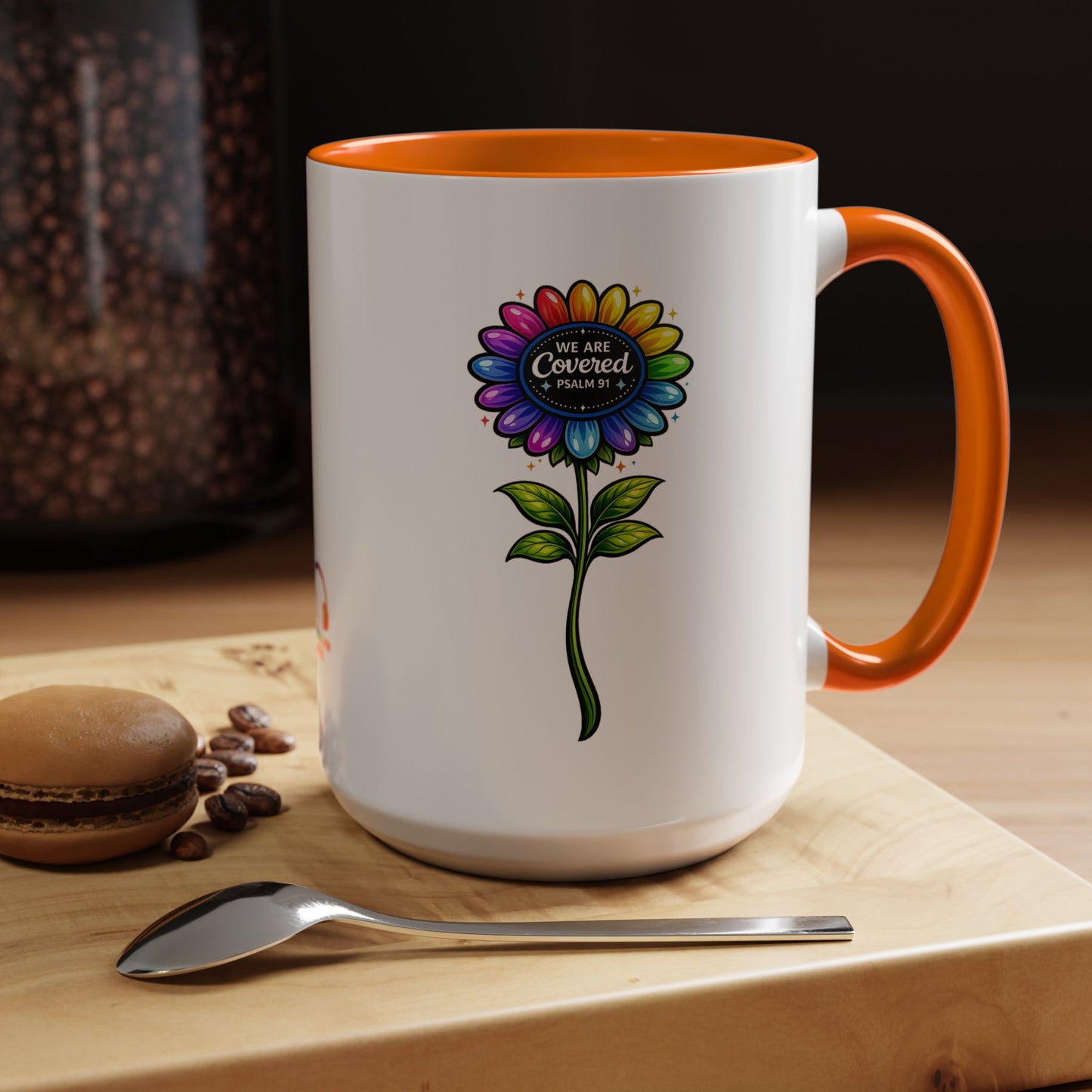 Brooklyn Byte™ "We Are Covered" Rainbow Flower Accent Mug — Psalm 91 Scripture Inspirational CoffeeCup (11/15oz)