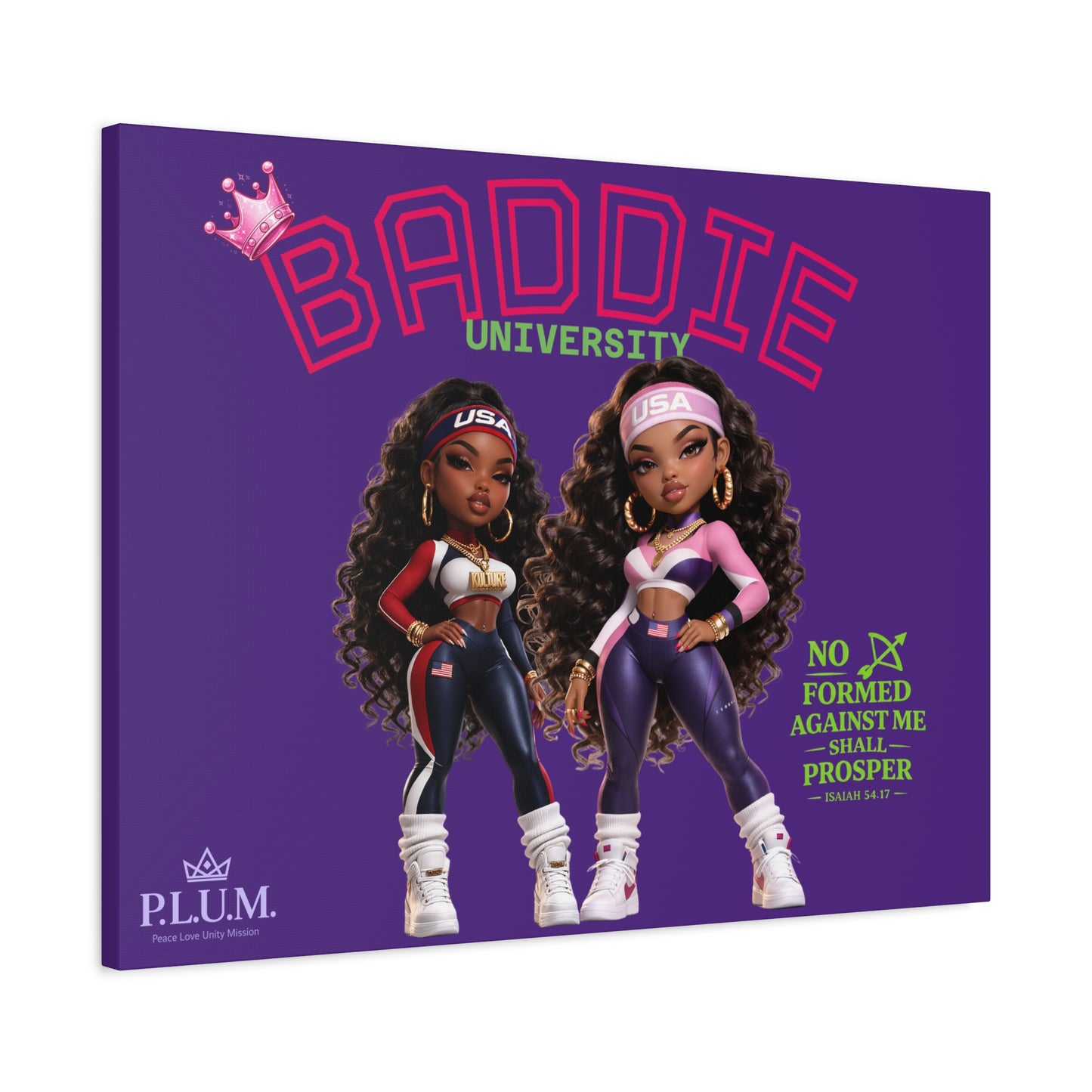 BrooklynByte™ “Baddie University” Purple Scripture Canvas — Isaiah 54:17 Plum Planet Wall Art