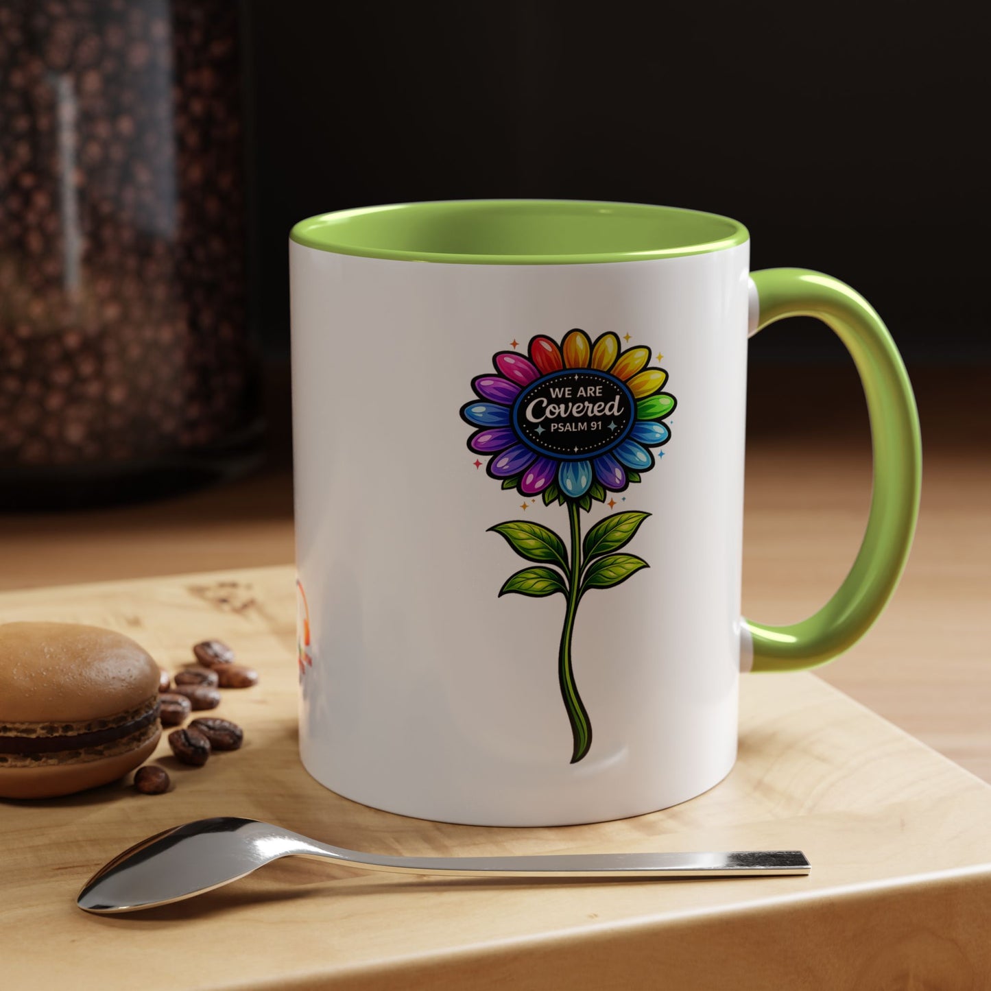 Brooklyn Byte™ "We Are Covered" Rainbow Flower Accent Mug — Psalm 91 Scripture Inspirational CoffeeCup (11/15oz)