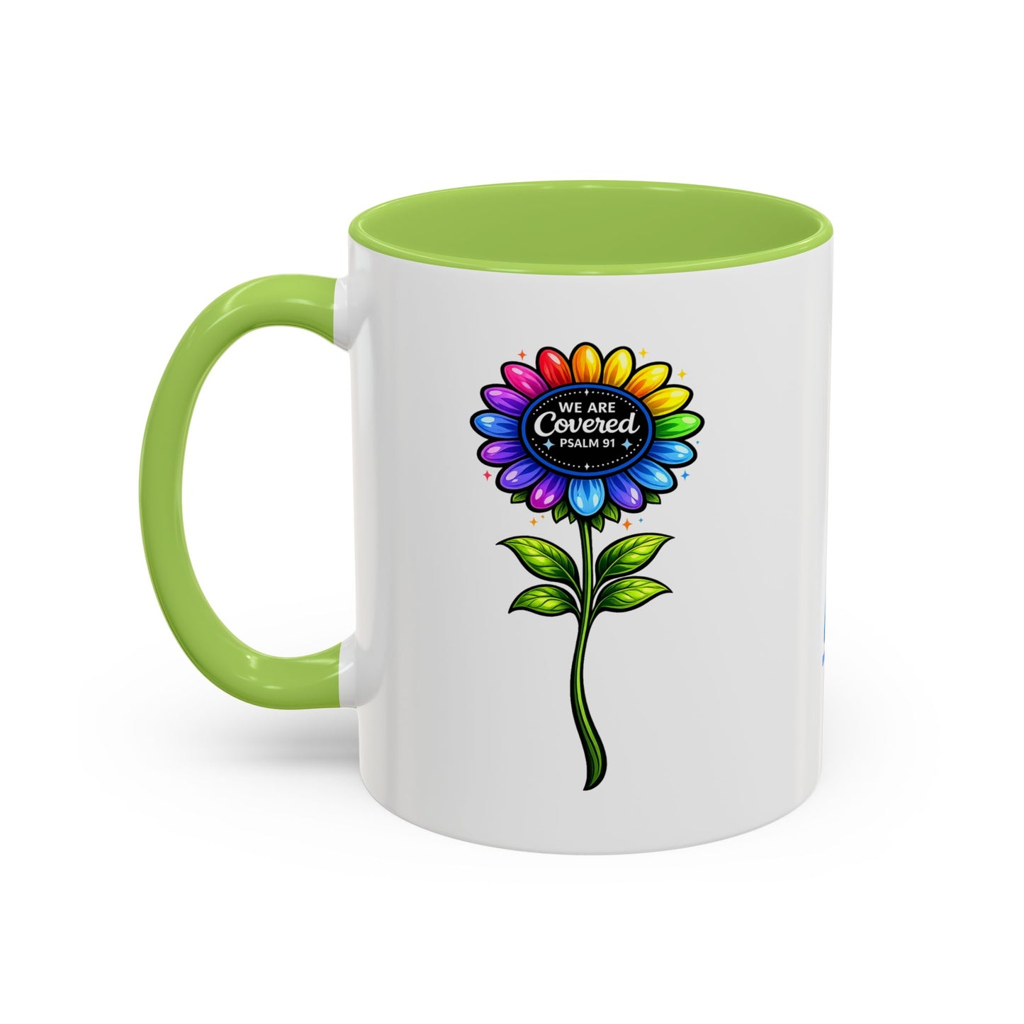 Brooklyn Byte™ "We Are Covered" Rainbow Flower Accent Mug — Psalm 91 Scripture Inspirational CoffeeCup (11/15oz)