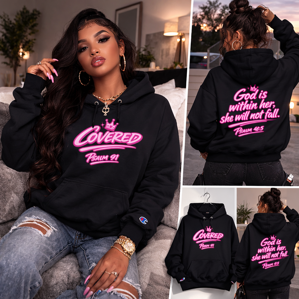 Kingdom Kloth™ Kovered By Grace Champion Hoodie – "God is within her; she will not fail" Christian Psalm Hoodie