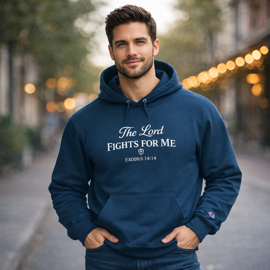 Kingdom Kloth™ "The Lord Fights For Me" Champion Hoodie — Exodus 14:14 Premium Faith Apparel