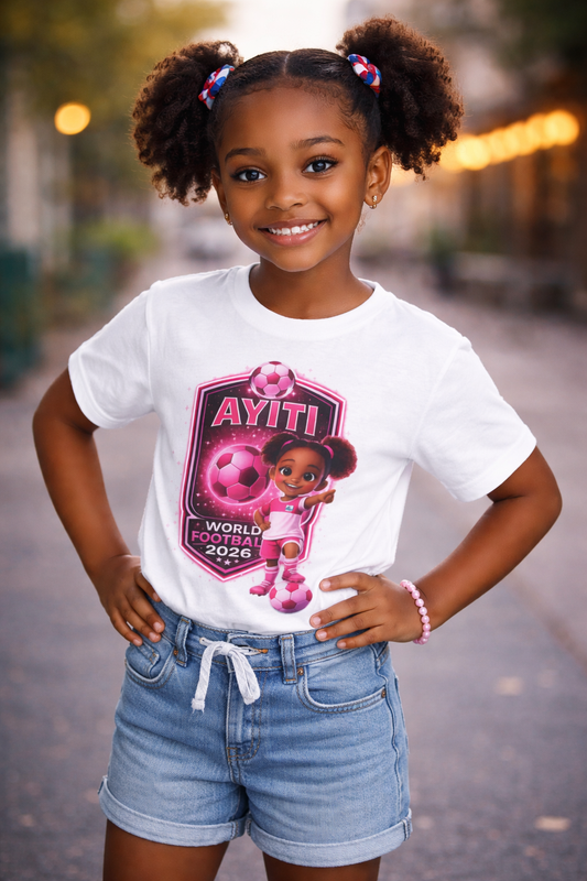 Kids Soccer Tee — Pink 'Ayiti World Soccer 2024' Jersey Shirt
