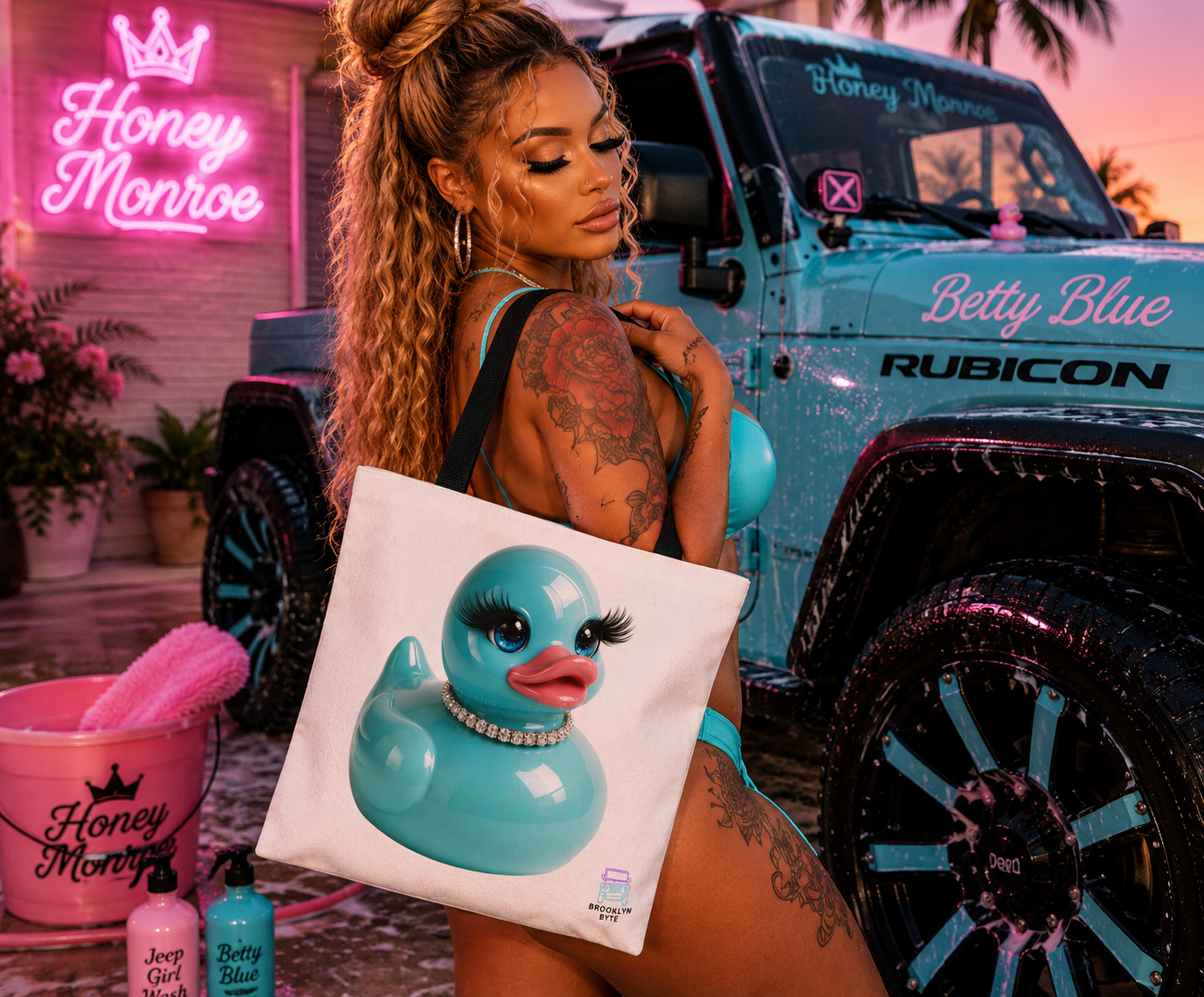 Jeep Life™ Aquamarine Glam Duck Duck Jeep Tote Bag — Cute Rubber Duck with Lashes & Pearl Choker