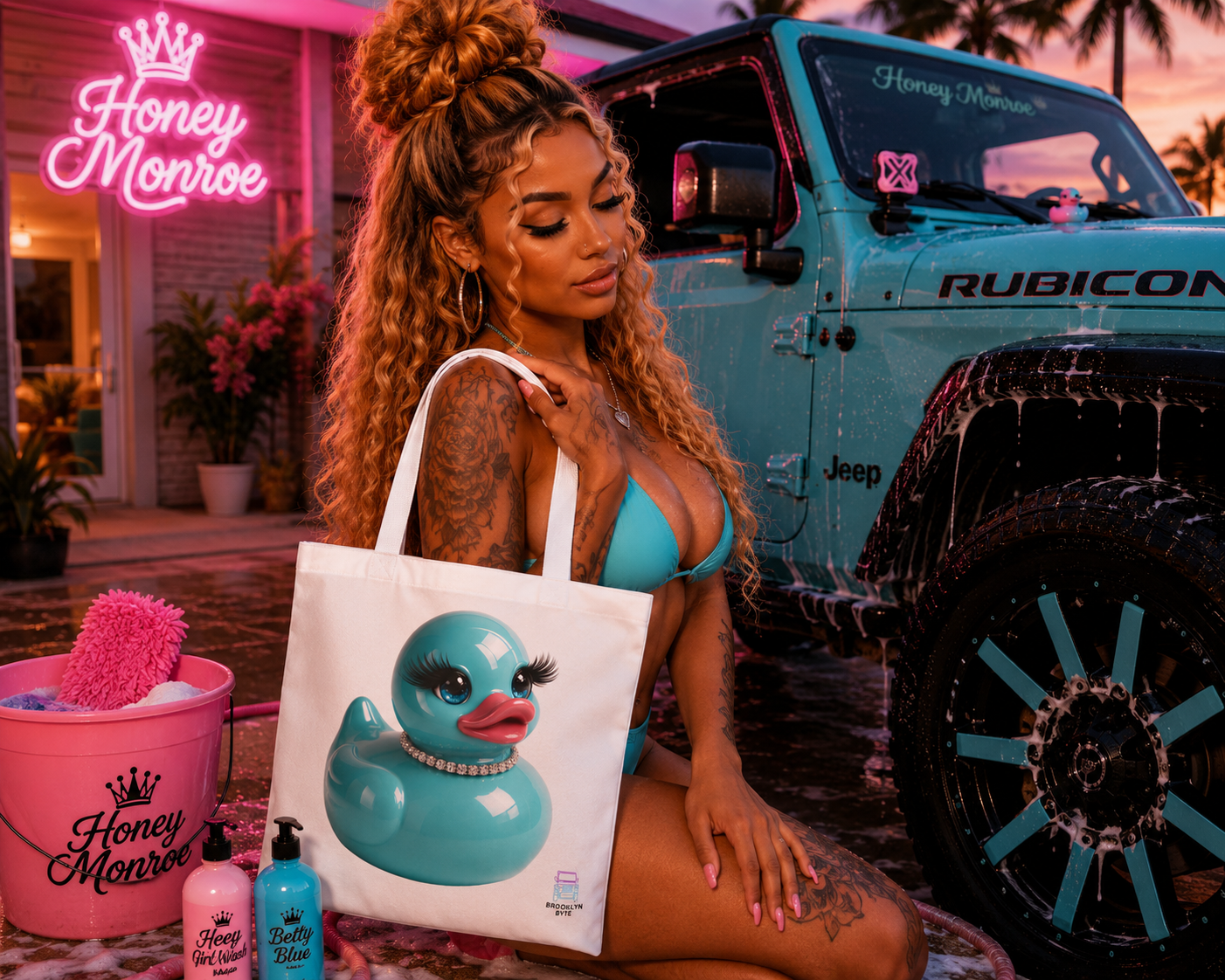Jeep Life™ Aquamarine Glam Duck Duck Jeep Tote Bag — Cute Rubber Duck with Lashes & Pearl Choker