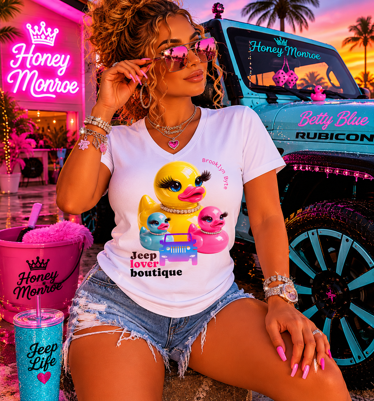 Jeep Life™ Duck Duck Jeep Lover Boutique V‑Neck Tee — Retro Rubber Duck Family Graphic