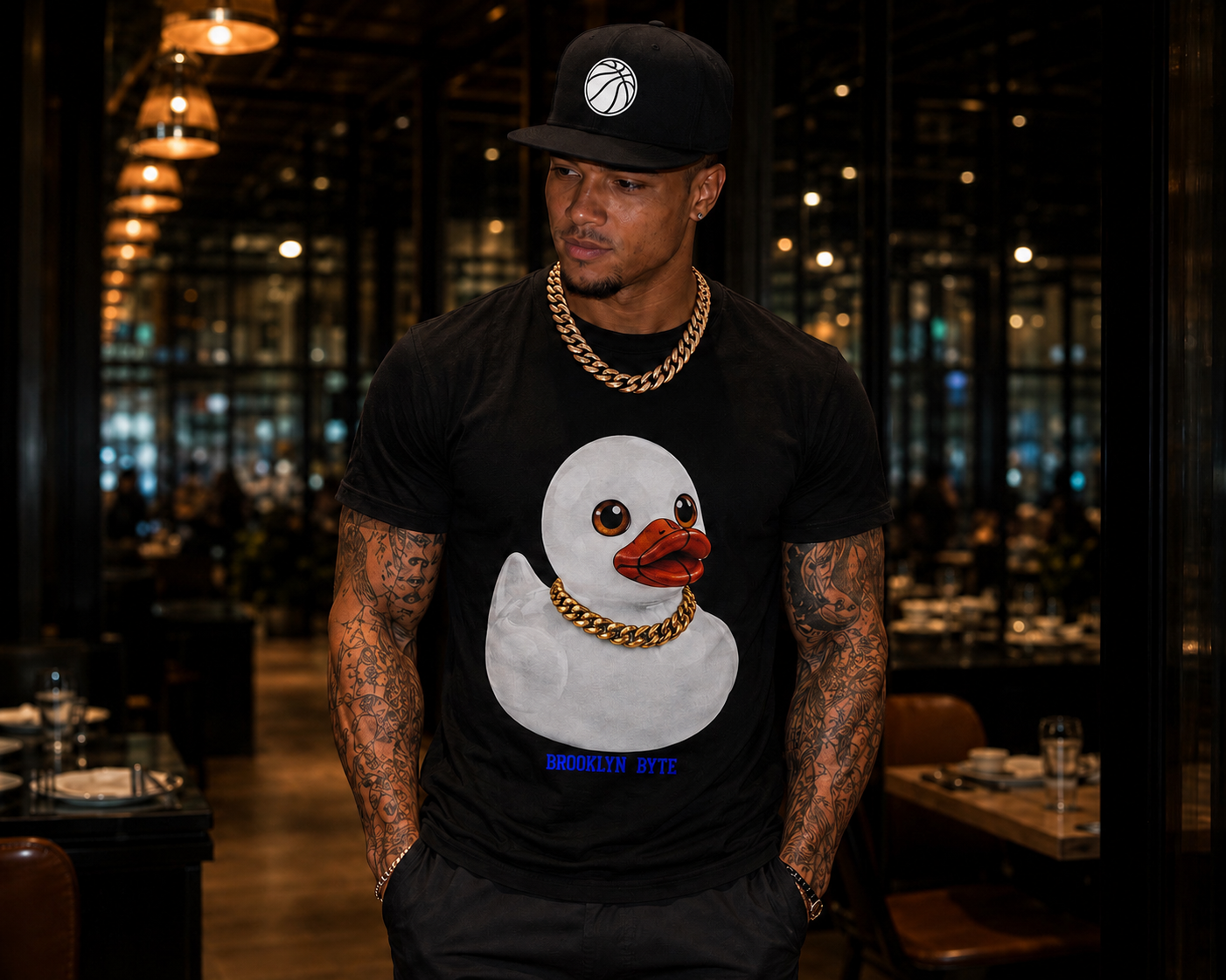 Brooklyn Byte™ Glamour Duck Graphic Tee | Gold Chain Duck Shirt | Cute Basketball Tee | Unisex Streetwear | Duck Lover Gift