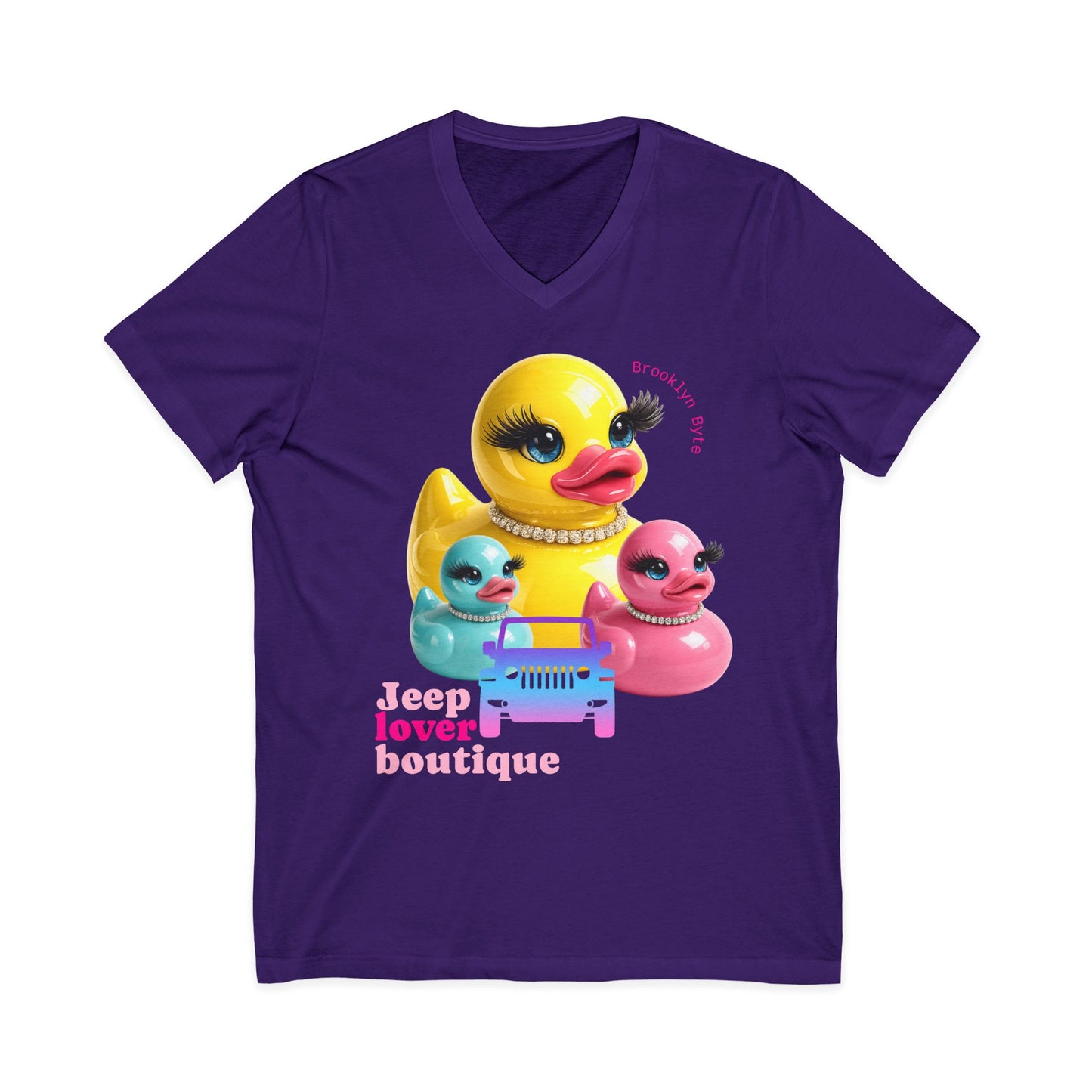Jeep Life™ Duck Duck Jeep Lover Boutique V‑Neck Tee — Retro Rubber Duck Family Graphic