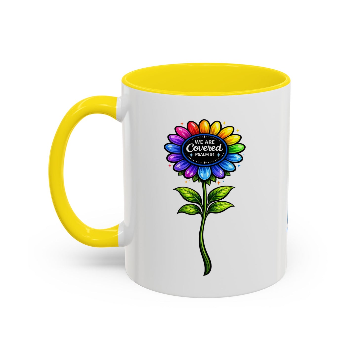 Brooklyn Byte™ "We Are Covered" Rainbow Flower Accent Mug — Psalm 91 Scripture Inspirational CoffeeCup (11/15oz)