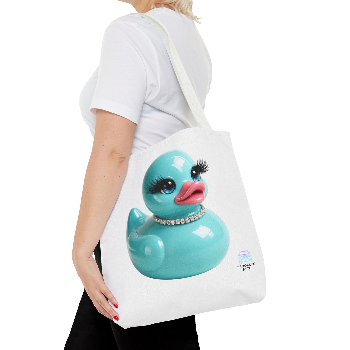 Jeep Life™ Aquamarine Glam Duck Duck Jeep Tote Bag — Cute Rubber Duck with Lashes & Pearl Choker