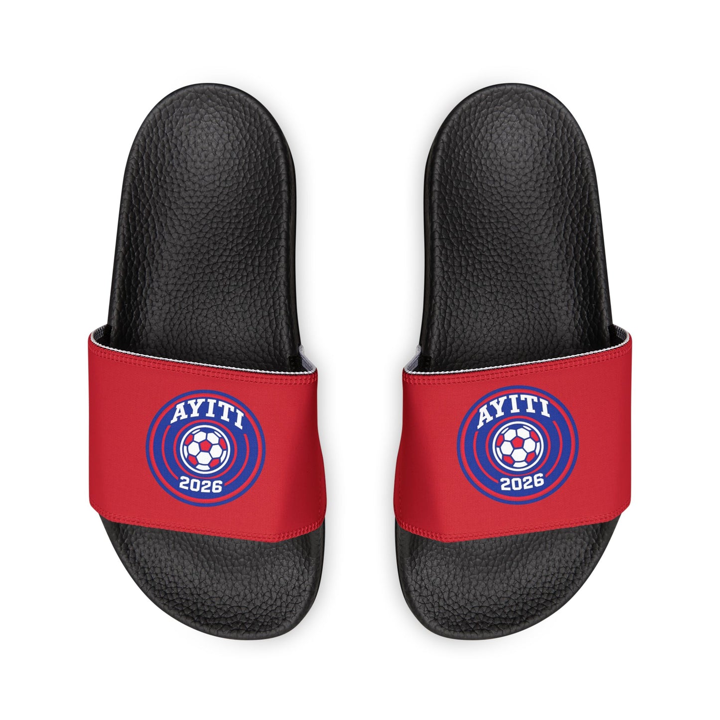 AYITI WORLD™ Kids' Football 2026 Slide Sandals — Fire Red Circular Shield Youth Slides (Adjustable, Easy On/Off)