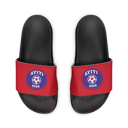 AYITI WORLD™ Kids' Football 2026 Slide Sandals — Fire Red Circular Shield Youth Slides (Adjustable, Easy On/Off)