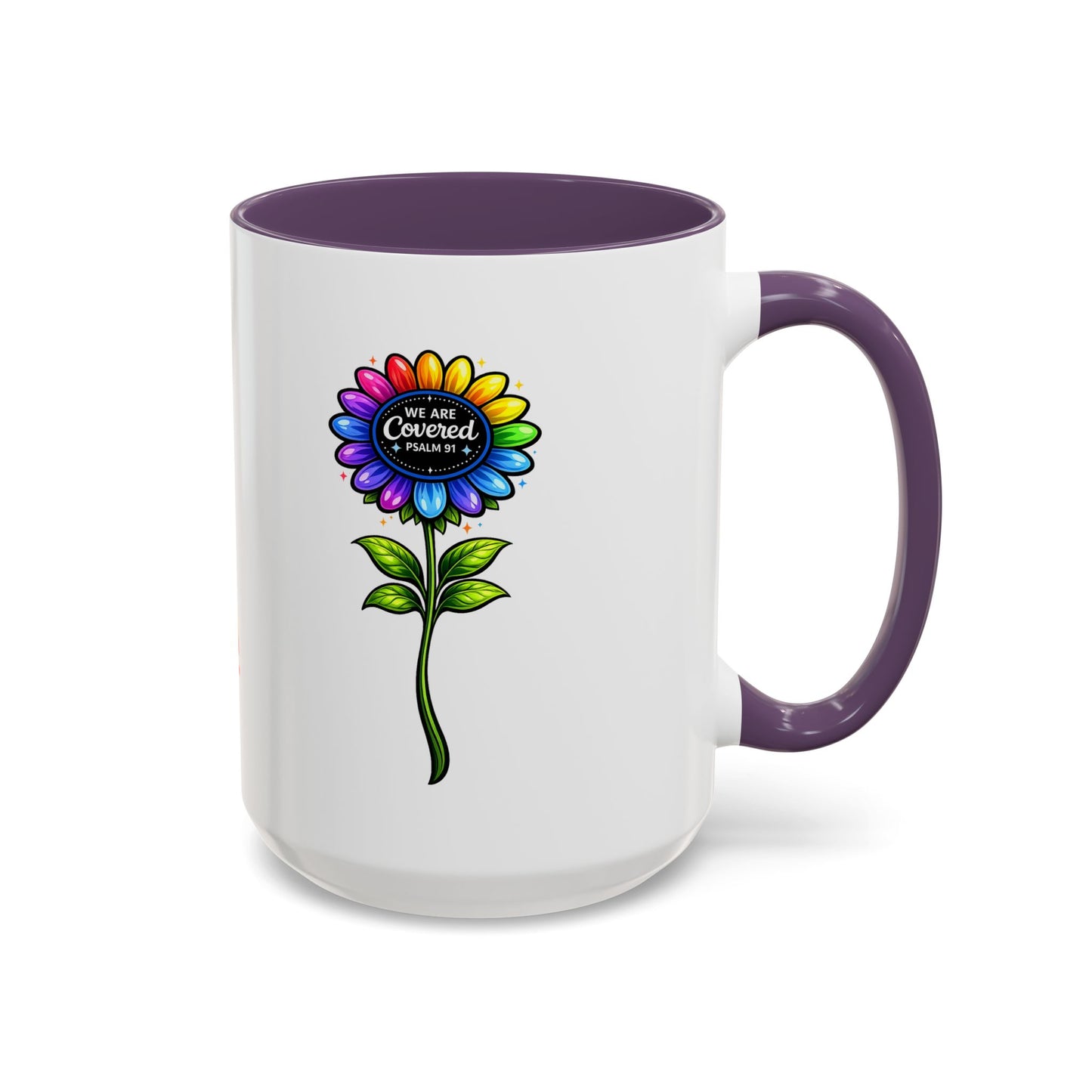 Brooklyn Byte™ "We Are Covered" Rainbow Flower Accent Mug — Psalm 91 Scripture Inspirational CoffeeCup (11/15oz)