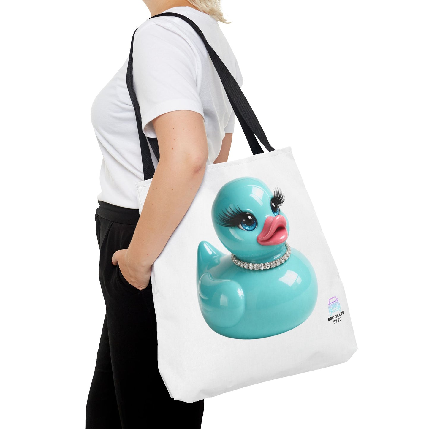 Jeep Life™ Aquamarine Glam Duck Duck Jeep Tote Bag — Cute Rubber Duck with Lashes & Pearl Choker