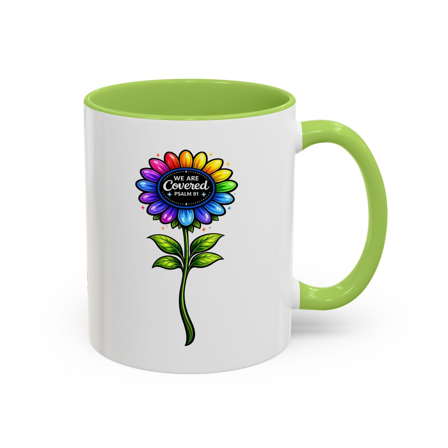 Brooklyn Byte™ "We Are Covered" Rainbow Flower Accent Mug — Psalm 91 Scripture Inspirational CoffeeCup (11/15oz)