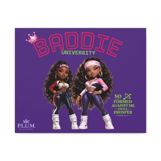 BrooklynByte™ “Baddie University” Purple Scripture Canvas — Isaiah 54:17 Plum Planet Wall Art