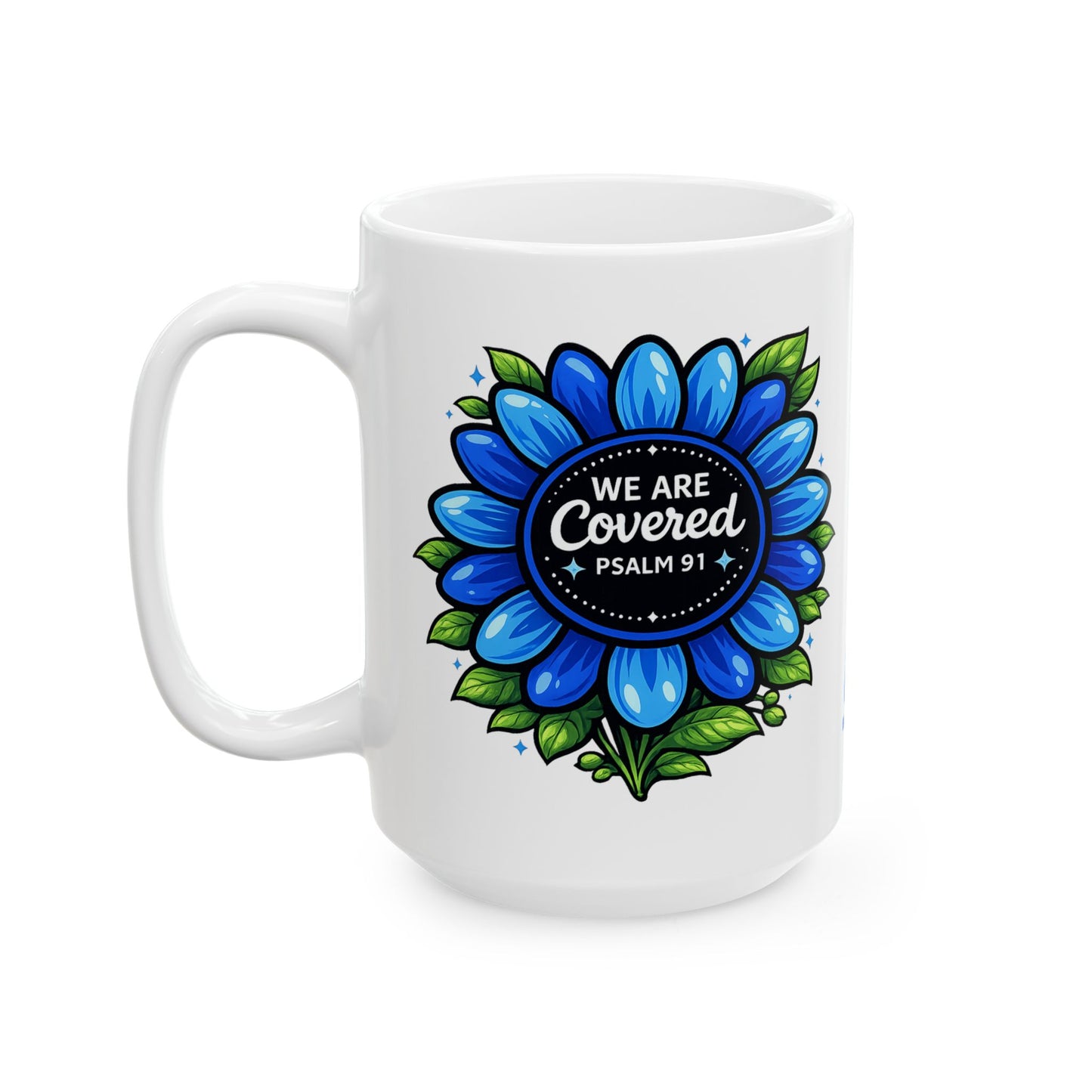 Brooklyn Byte™ "We Are Covered" Blue Flower Coffee Mug — Psalm 91 Scripture Cup