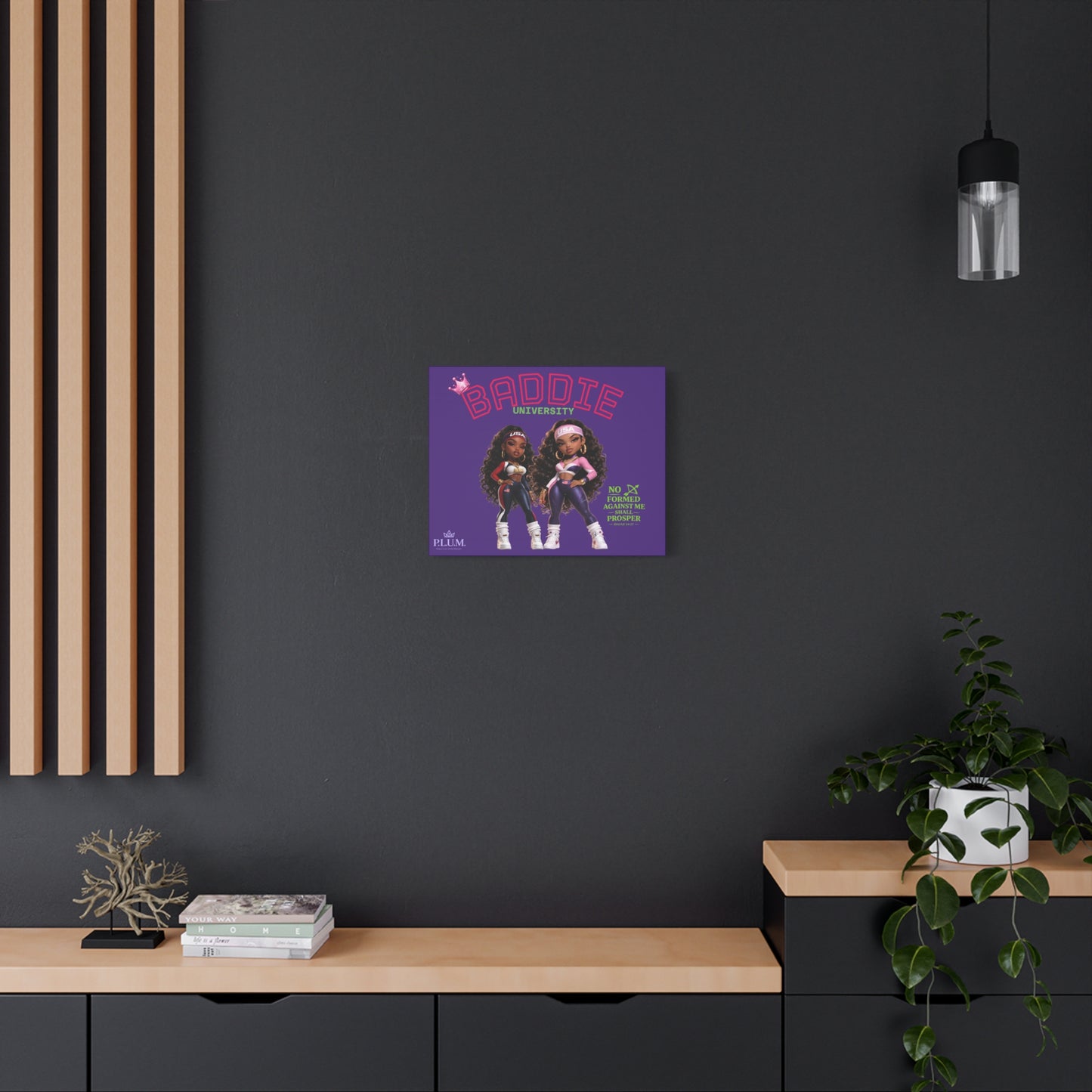 BrooklynByte™ “Baddie University” Purple Scripture Canvas — Isaiah 54:17 Plum Planet Wall Art