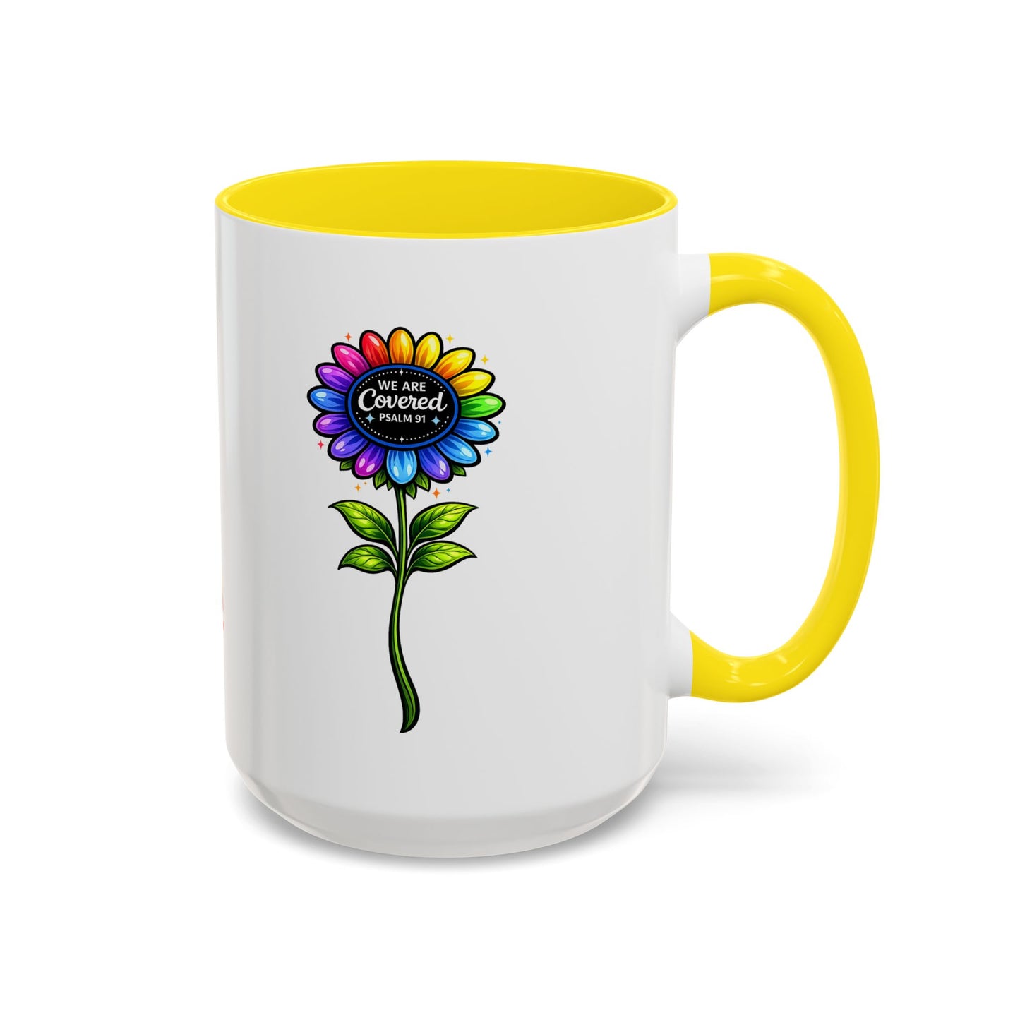 Brooklyn Byte™ "We Are Covered" Rainbow Flower Accent Mug — Psalm 91 Scripture Inspirational CoffeeCup (11/15oz)