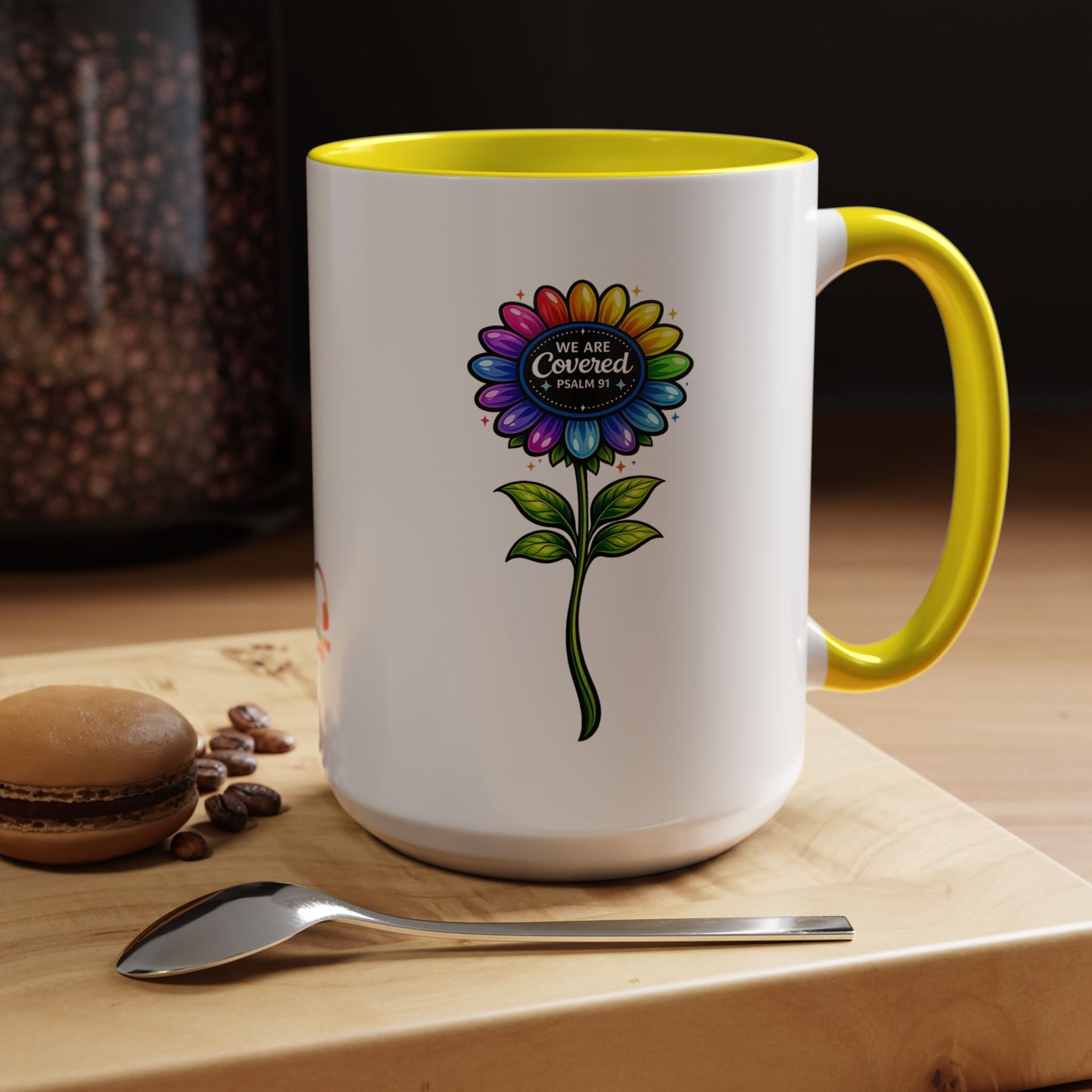 Brooklyn Byte™ "We Are Covered" Rainbow Flower Accent Mug — Psalm 91 Scripture Inspirational CoffeeCup (11/15oz)