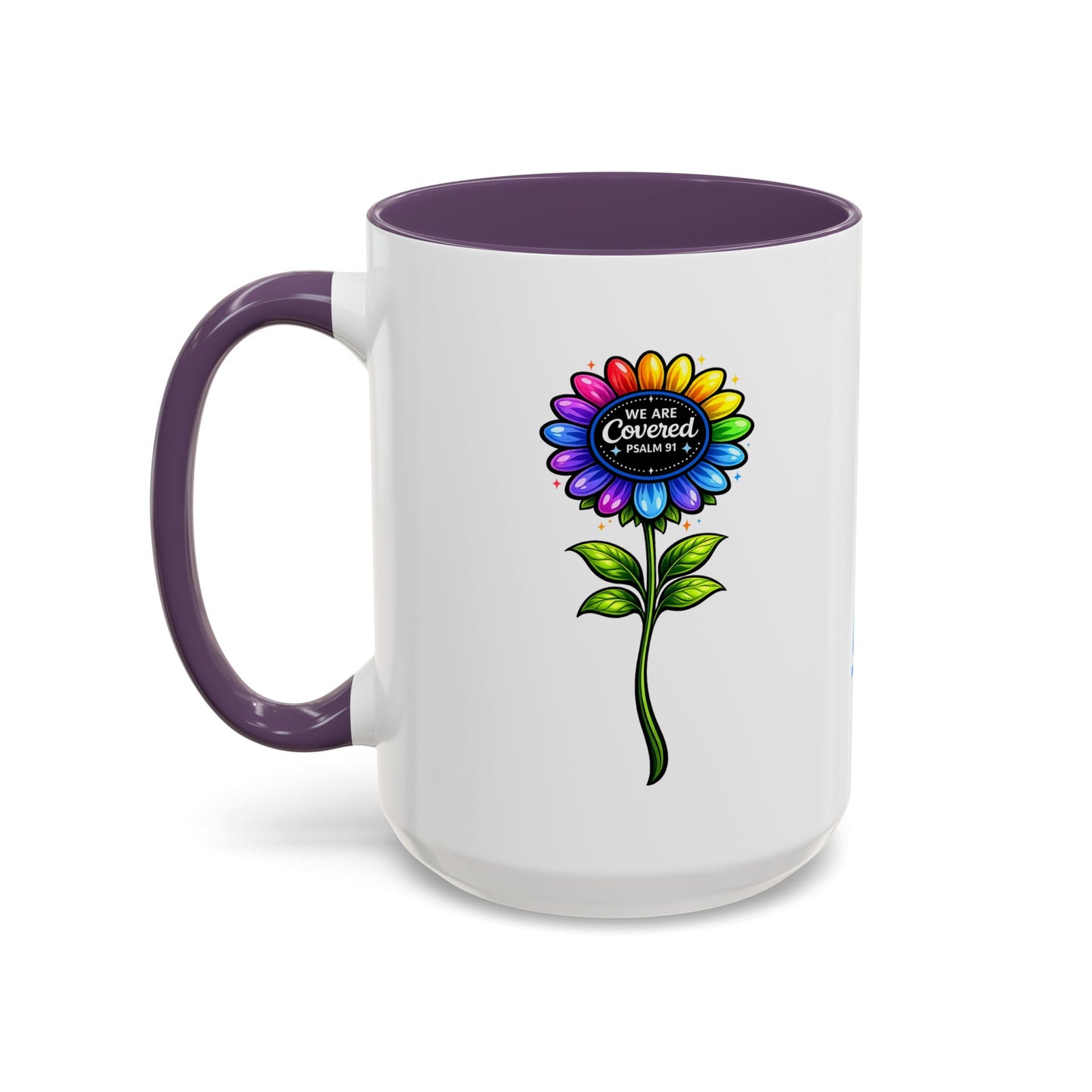 Brooklyn Byte™ "We Are Covered" Rainbow Flower Accent Mug — Psalm 91 Scripture Inspirational CoffeeCup (11/15oz)