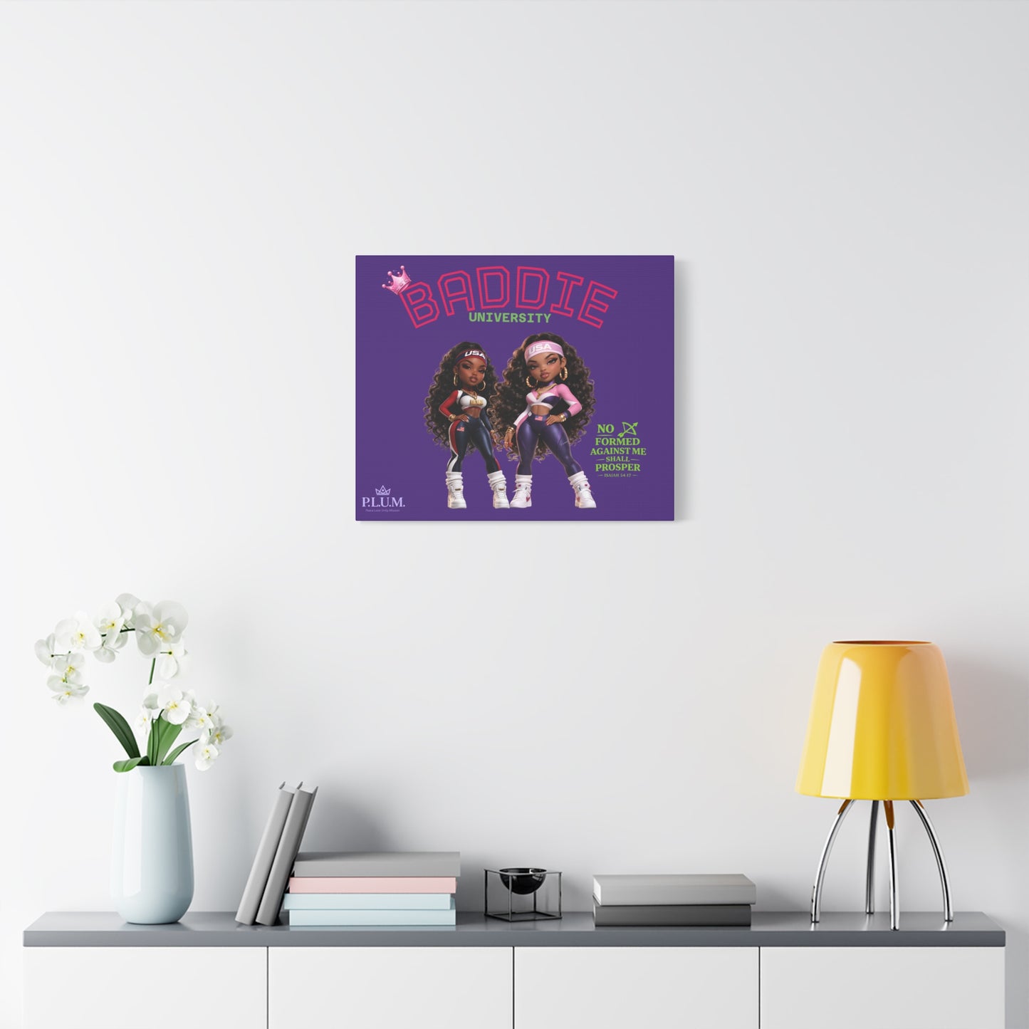 BrooklynByte™ “Baddie University” Purple Scripture Canvas — Isaiah 54:17 Plum Planet Wall Art