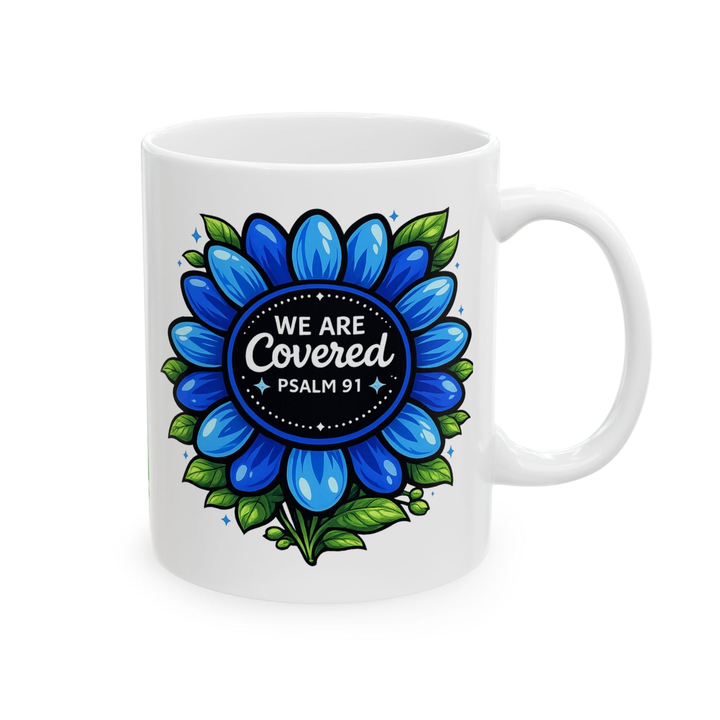 Brooklyn Byte™ "We Are Covered" Blue Flower Coffee Mug — Psalm 91 Scripture Cup