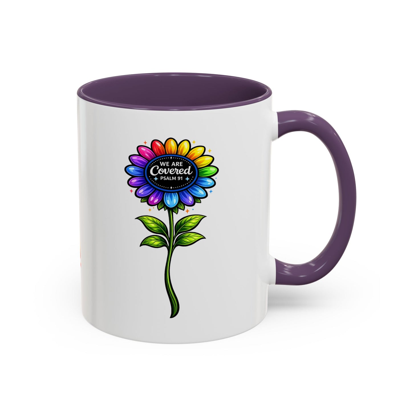 Brooklyn Byte™ "We Are Covered" Rainbow Flower Accent Mug — Psalm 91 Scripture Inspirational CoffeeCup (11/15oz)